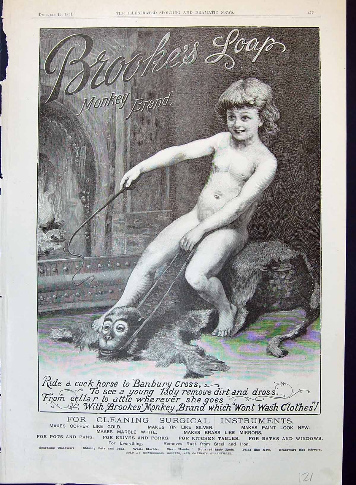 Old 1891 Brooke'S Monkey Brand Soap Young Child Fur Rug Advertisement Victorian
