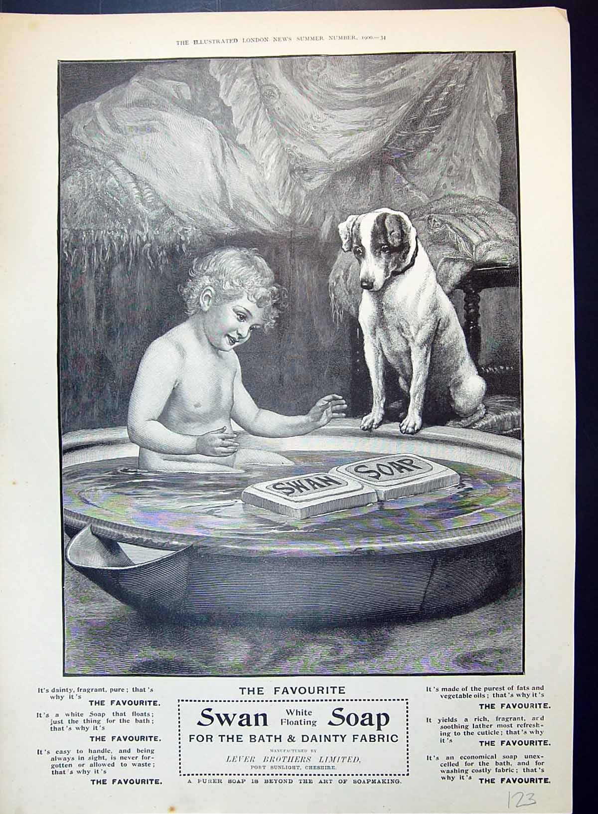 Antique Old Print 1900 Swan Washing Soap Lever Brothers Child Dog Wash Tub 20th