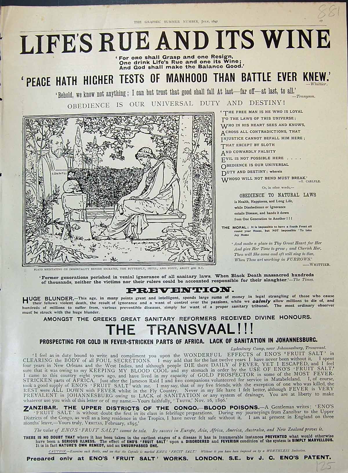 Old Print 1897 Eno'S Fruit Salt Plato Meditating Socrates Butterfly Skull 19th