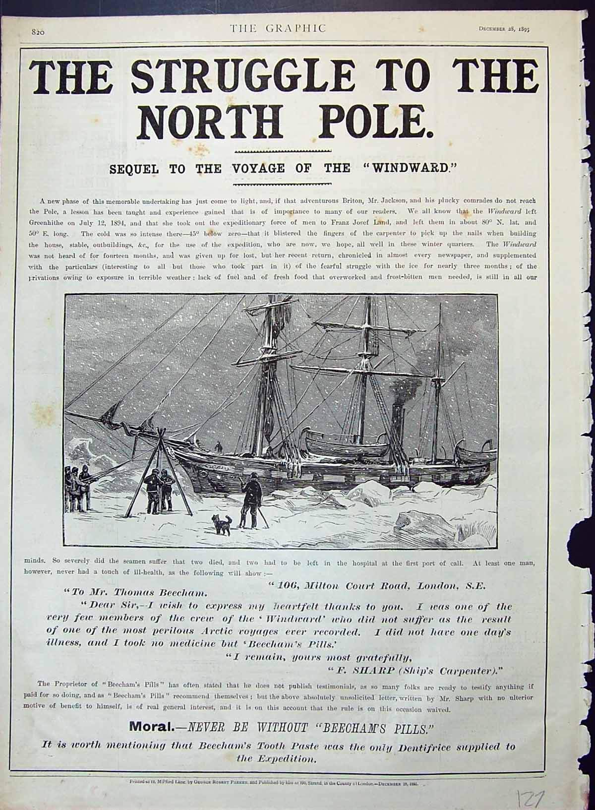 Old Advertisement 1895 Beechams Toothpaste Pills North Pole Ship Wind Victorian