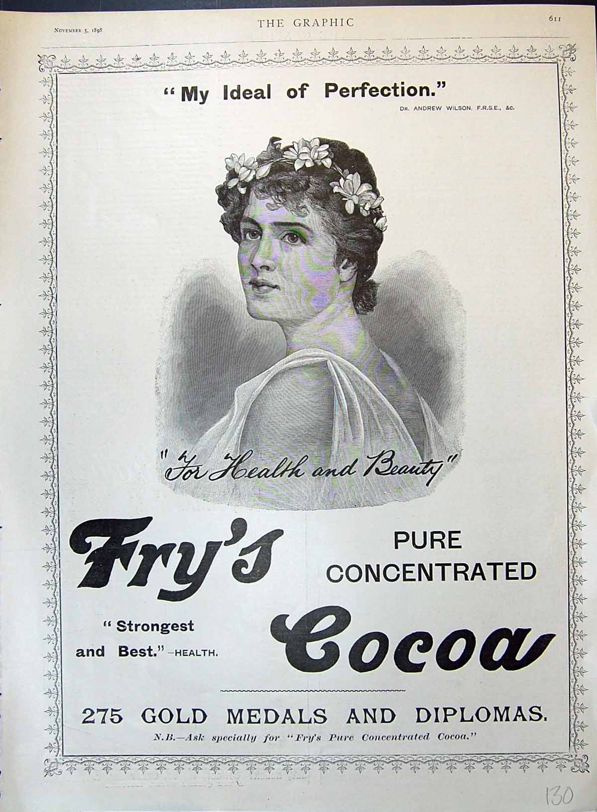 Old 1898 Fry'S Pure Concentrated Cocoa Beautiful Woman Advertisement Victorian