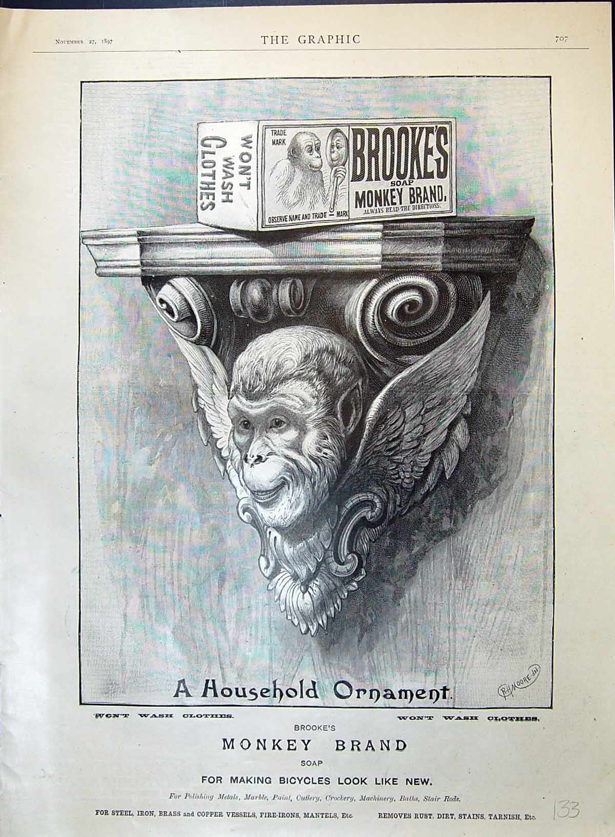 Antique Print Advertisement 1897 Brooke'S Monkey Brand Soap HousehOrnament 19th