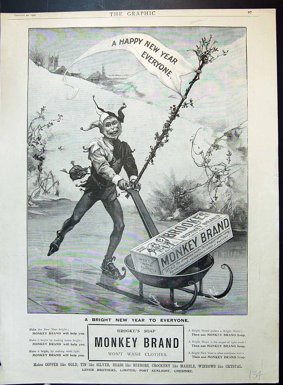 Antique Old Print Brooke'S Monkey Brand Soap Ice Skating Lever Brothers 1900