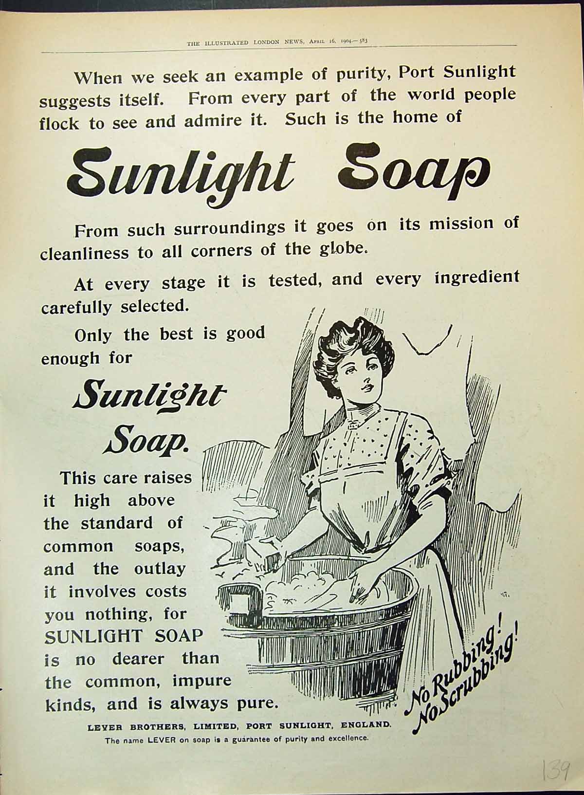 Old Print Sunlight Soap Lever Brothers England Lady Washing Clothes 1904 20th