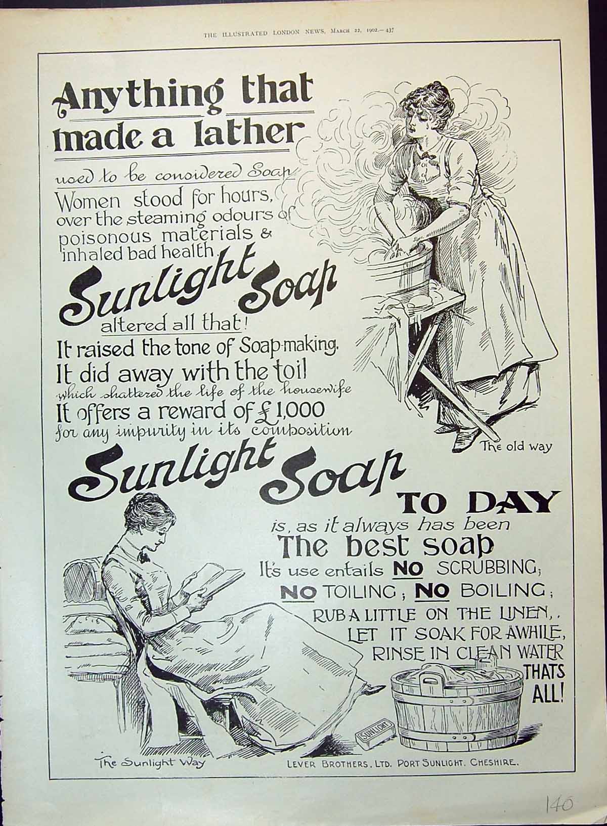 Old Print 1902 Sunlight Soap Lever Brothers Port Cheshire Ladies Washing 20th