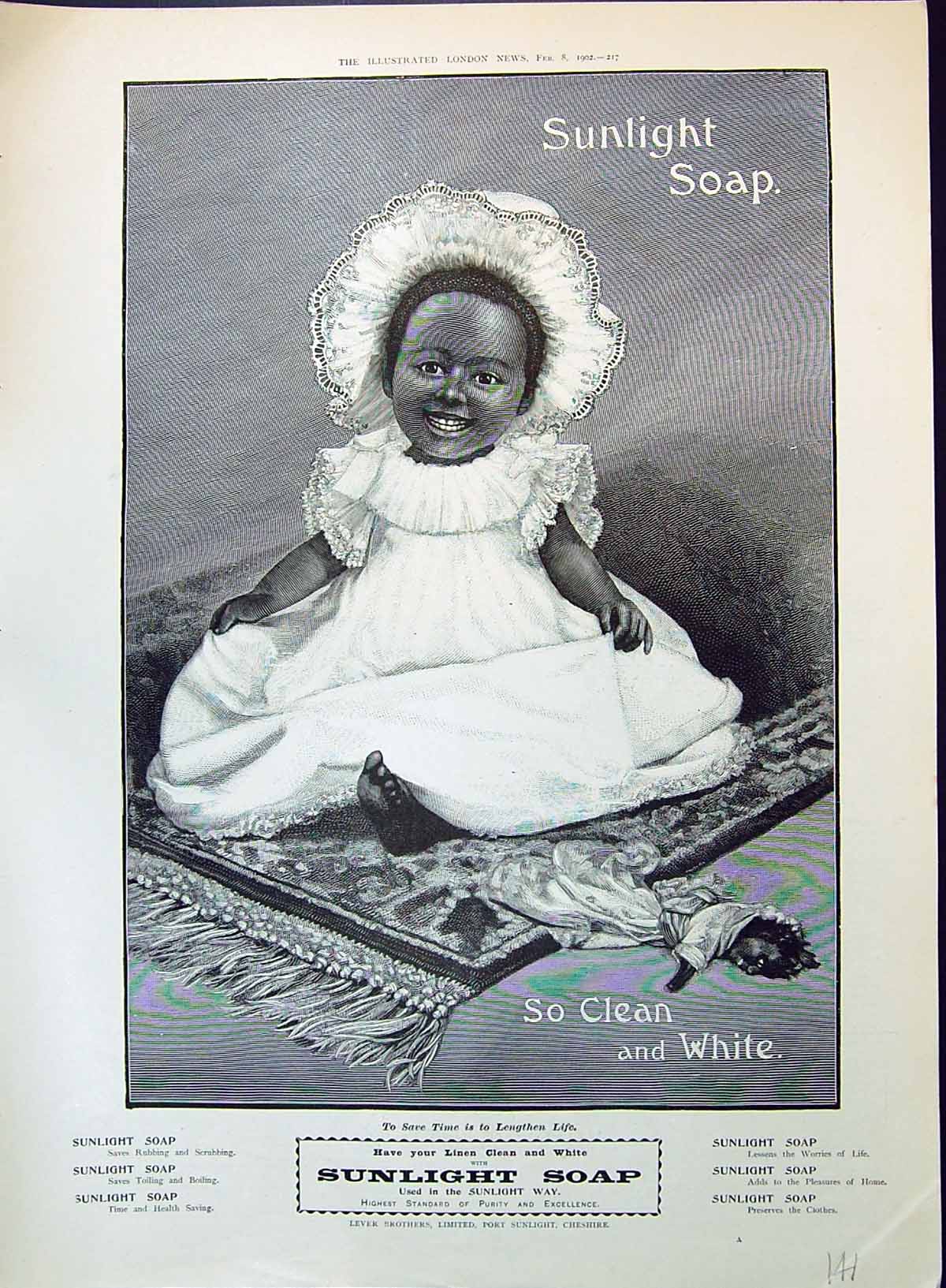 Antique Old Print 1902 Sunlight Soap Lever Brothers Port Cheshire Black Baby