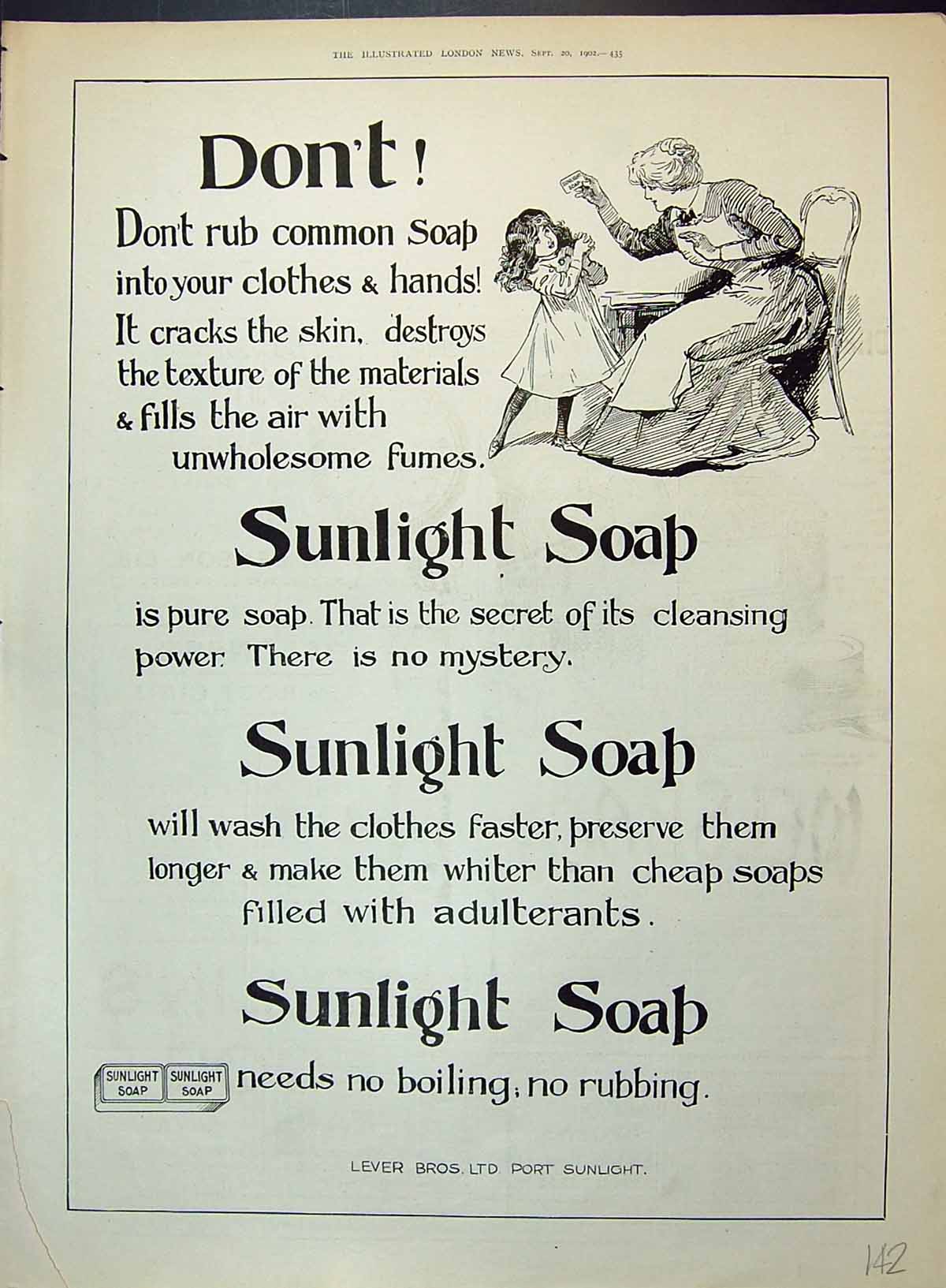 Antique Old Print 1902 Port Sunlight Soap Lever Brothers Mother Little Girl