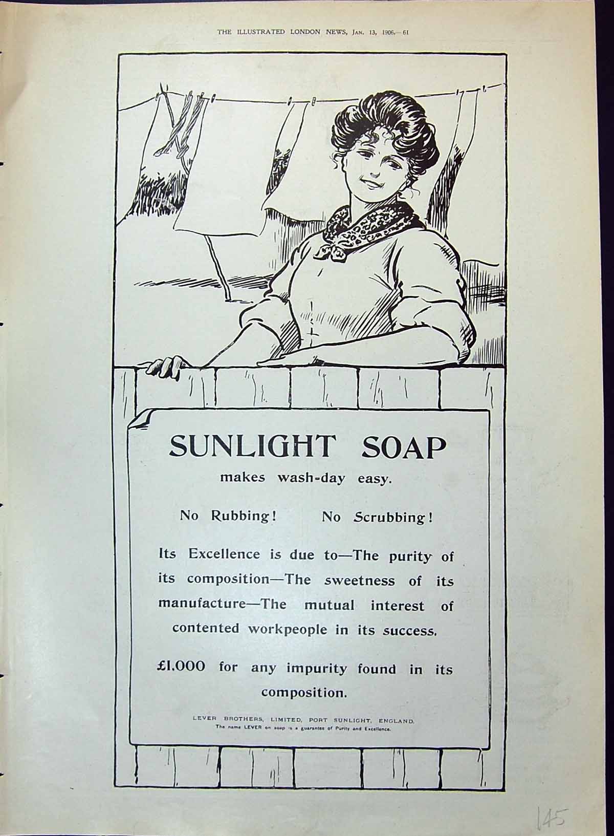 Antique Old Print Sunlight Soap Lever Brothers Port England Lady Washing 1906