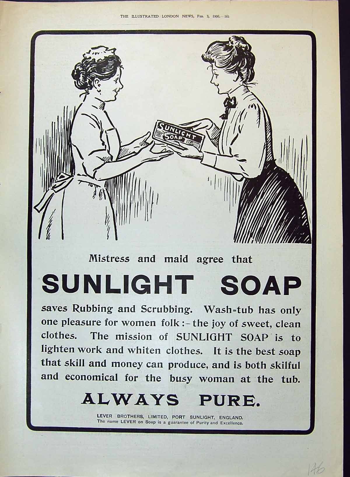 Antique Print 1906 Sunlight Soap Lever Brothers Port England Mistress Maid 20th