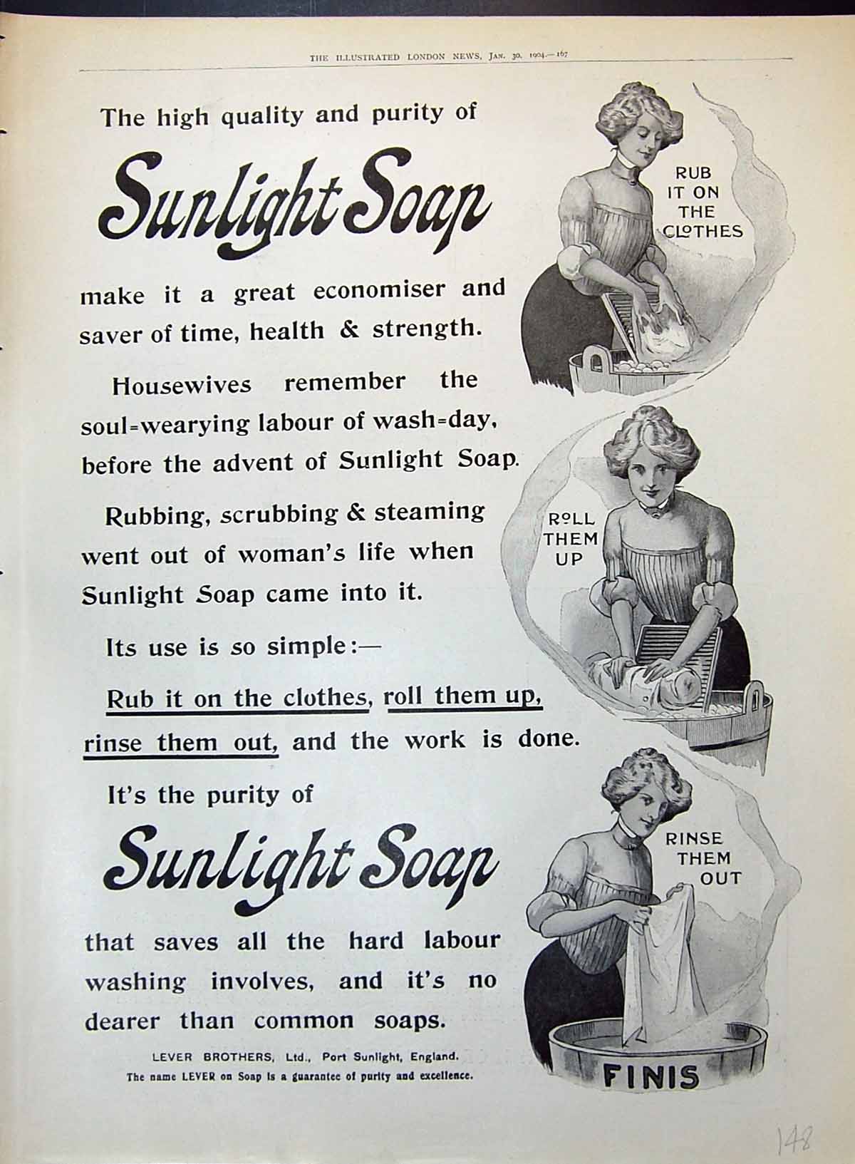 Old Advertisement 1904 Lever Brothers Port Sunlight Soap Washing Clot 20th