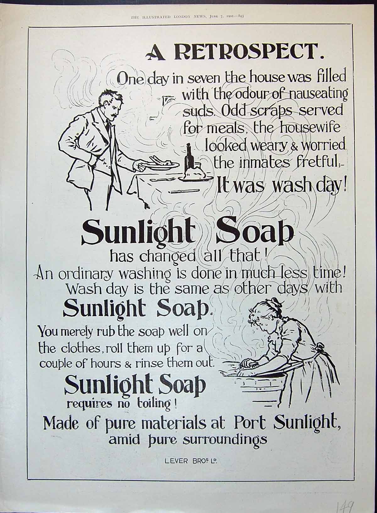 Antique Old Print 1902 Sunlight Soap Lever Brothers Man Cooking Lady Washing
