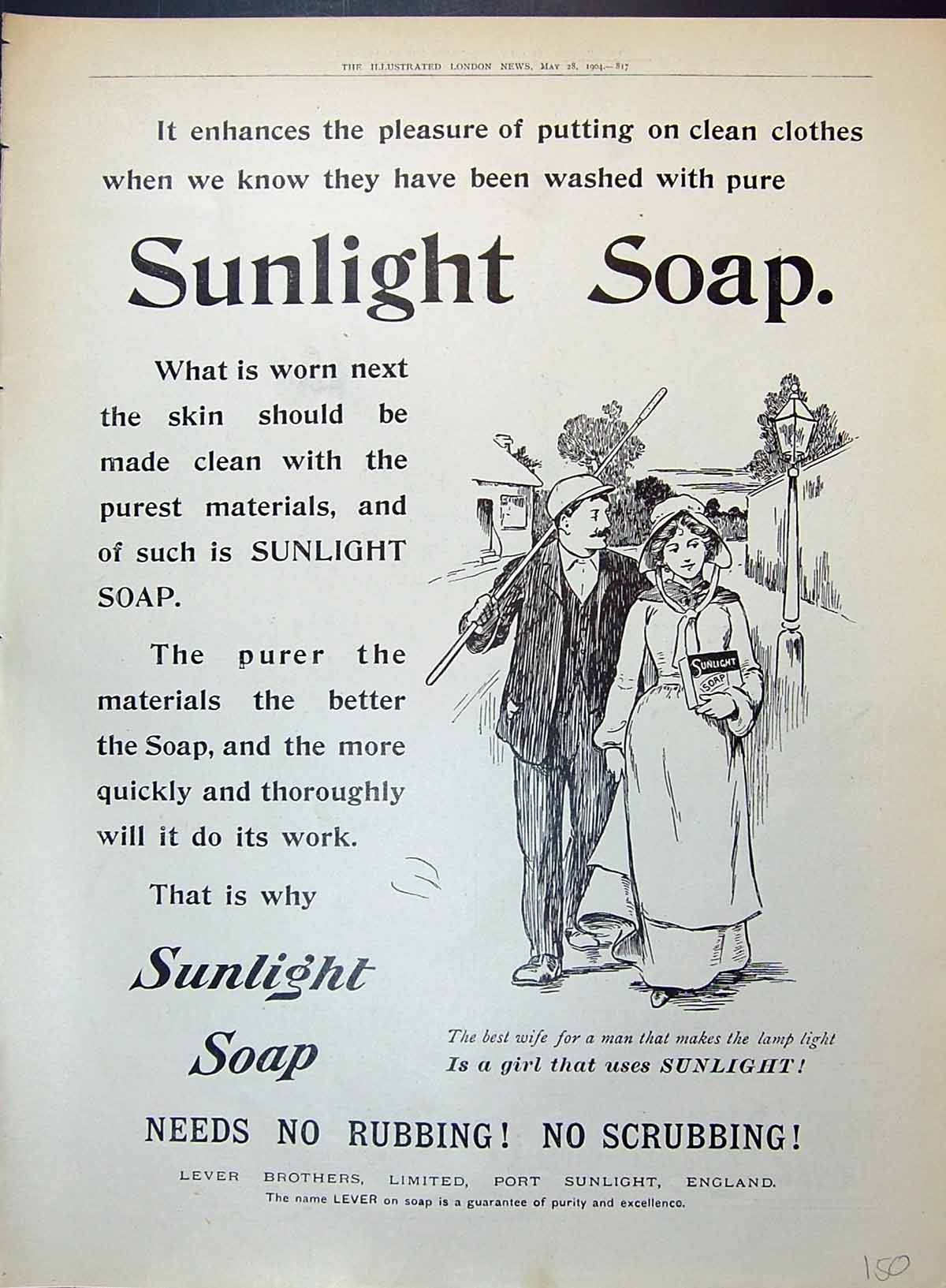 Old Advertisement 1904 Lever Brothers Port Sunlight Soap Lady Man Rom 20th
