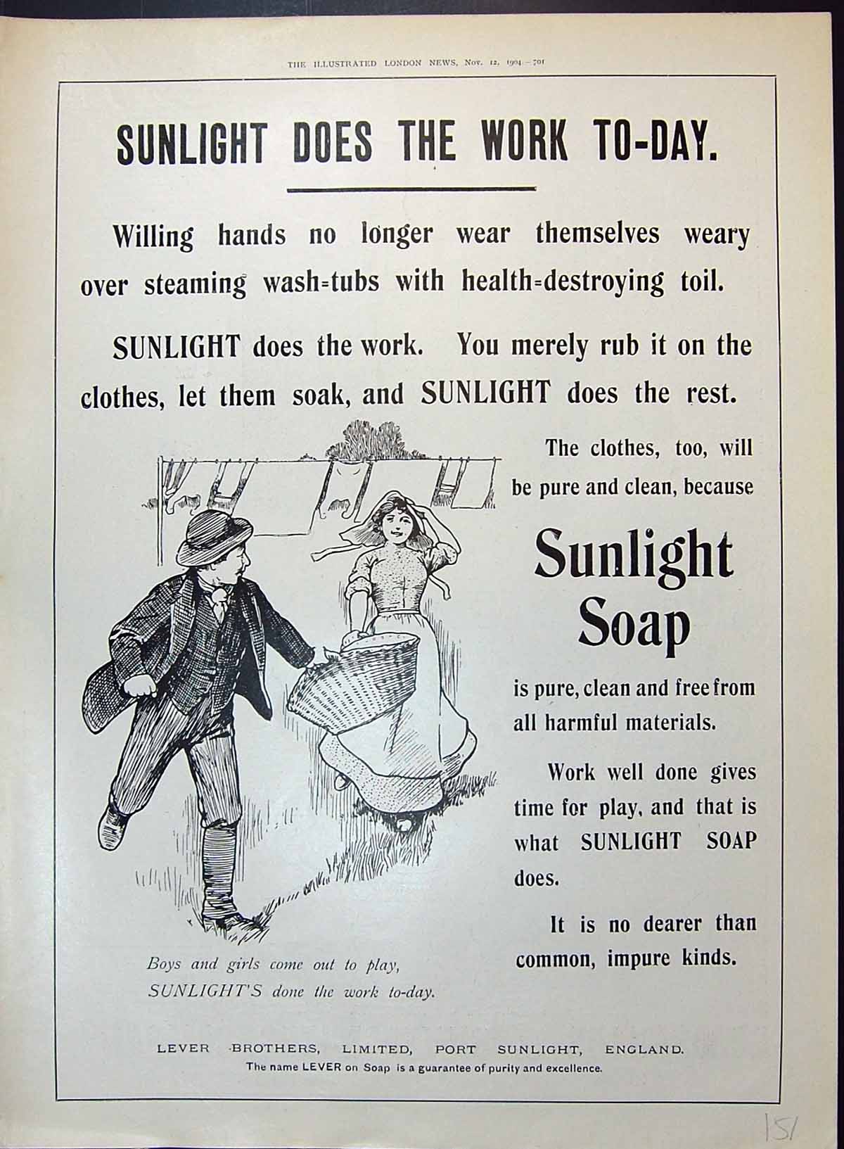 Antique Old Print Lever Brothers Port Sunlight England Lady Man Washing 1904