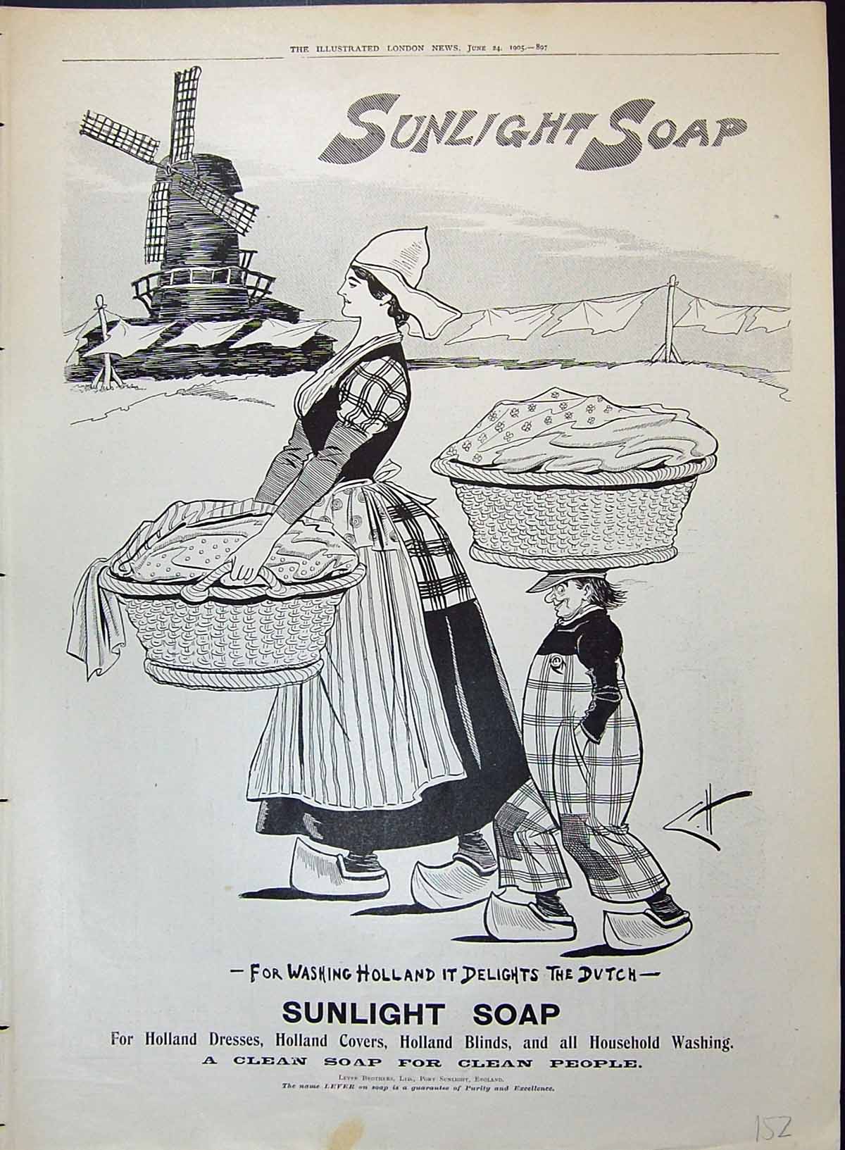 Old 1905 Sunlight Soap Lever Brothers Man Lady Windmill Advertisement 20th