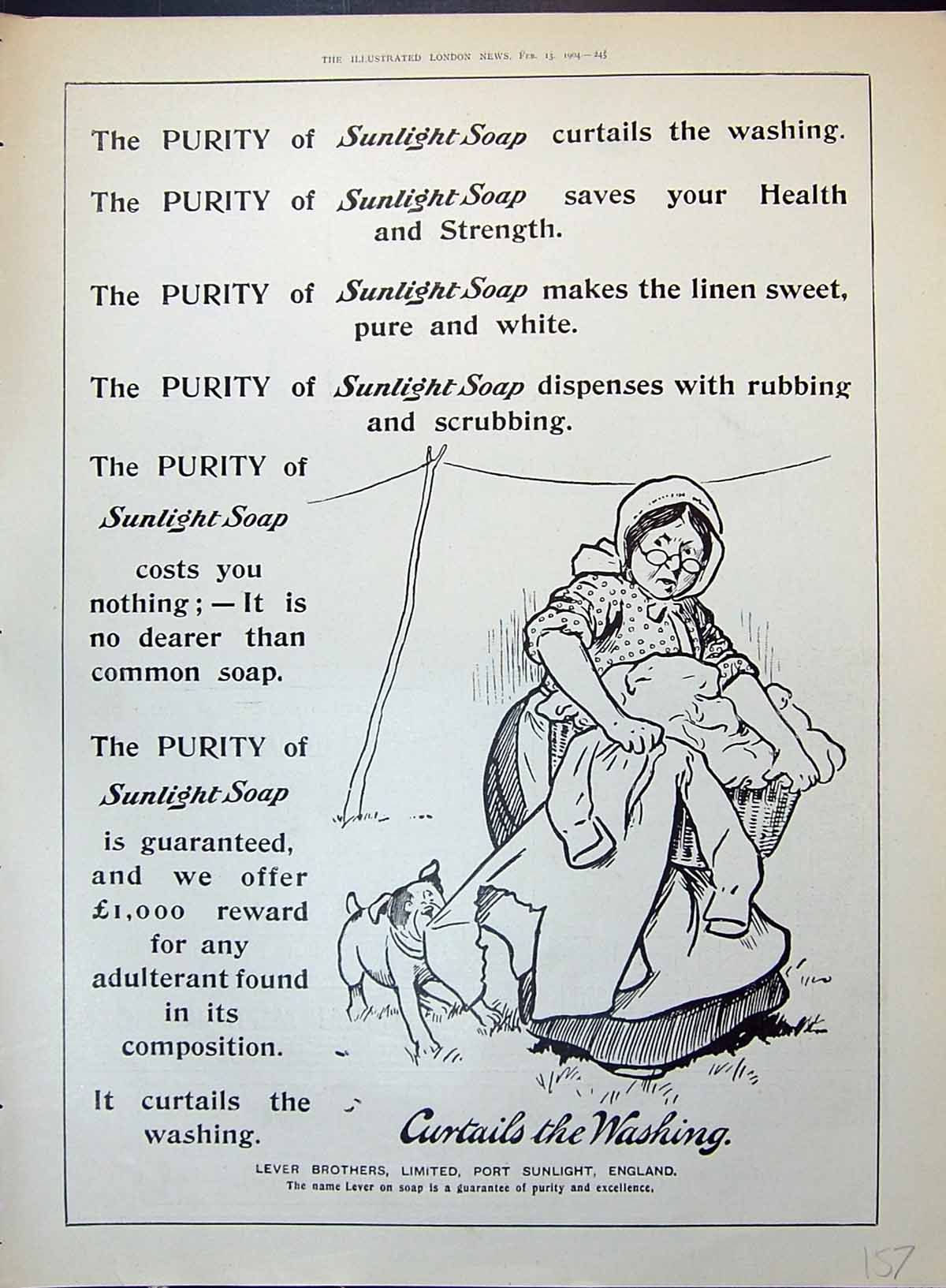 Antique Old Print 1904 Lever Brothers Port Sunlight England Woman Dog Washing