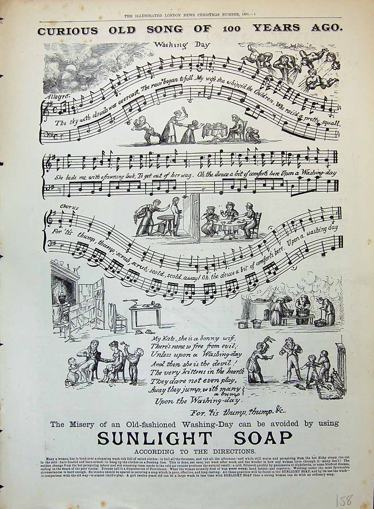 Old Print Advertisement 1891 Sunlight Soap Curious Song Washing Day Music 19th