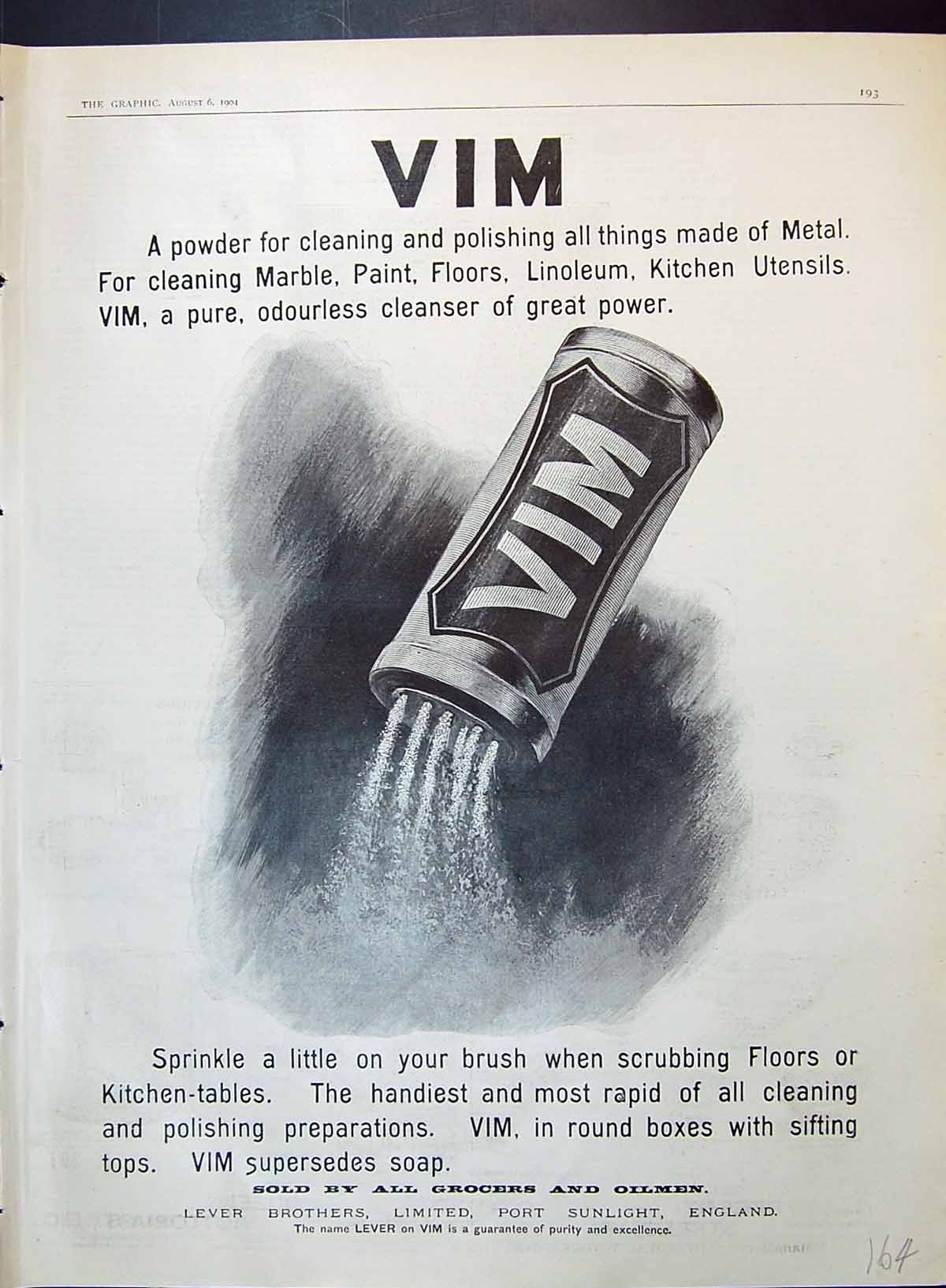 Old Vim Cleaning Powder Lever Brothers Port Sunlight Advertisement 19 20th