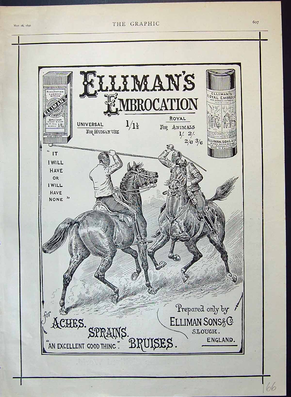 Old 1896 Ellimans Embrocation Horses Jousting Human Animals Advertise Victorian