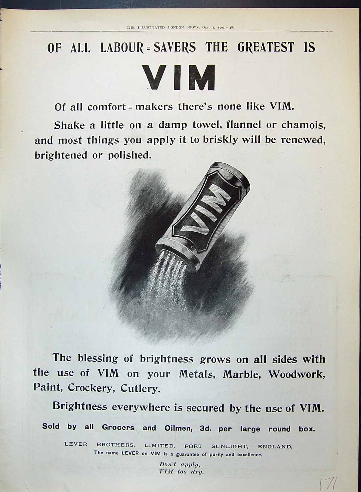 Antique Print 1904 Vim Cleaning Powder Lever Brothers Limited Port Sunlight