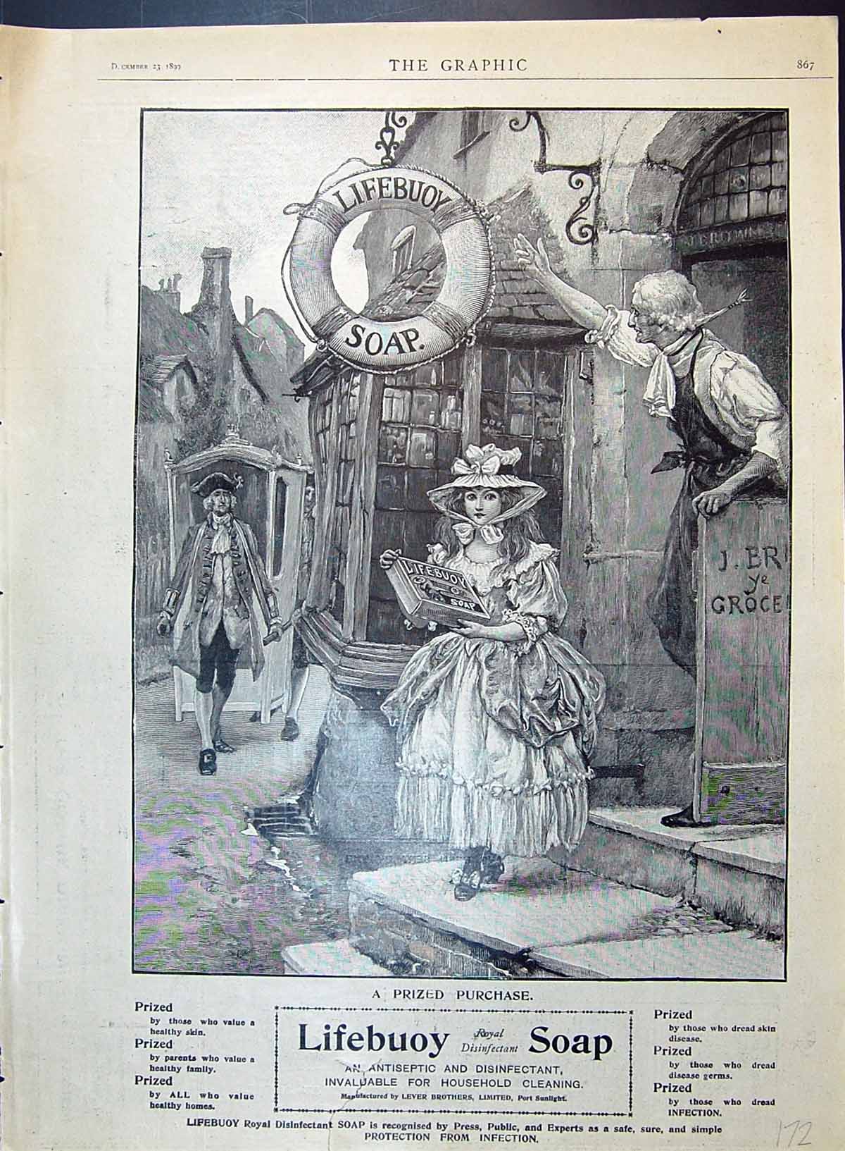 Antique Old Print 1899 Grocer Shop Lifebuoy Soap Lever Brothers Port Sunlight