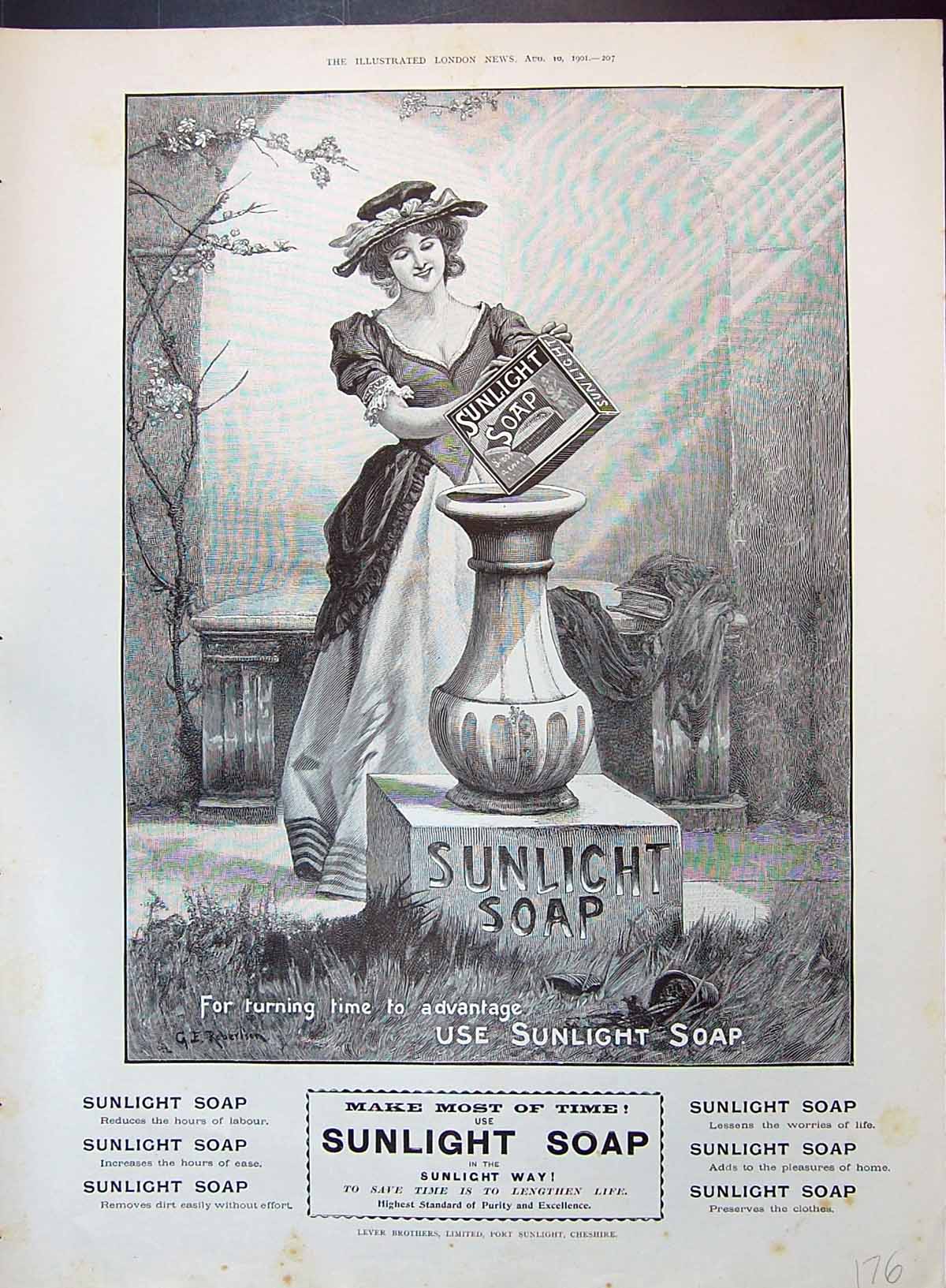 Antique Old Print 1901 Lever Brothers Sunlight Soap Lady Washing Garden Pot