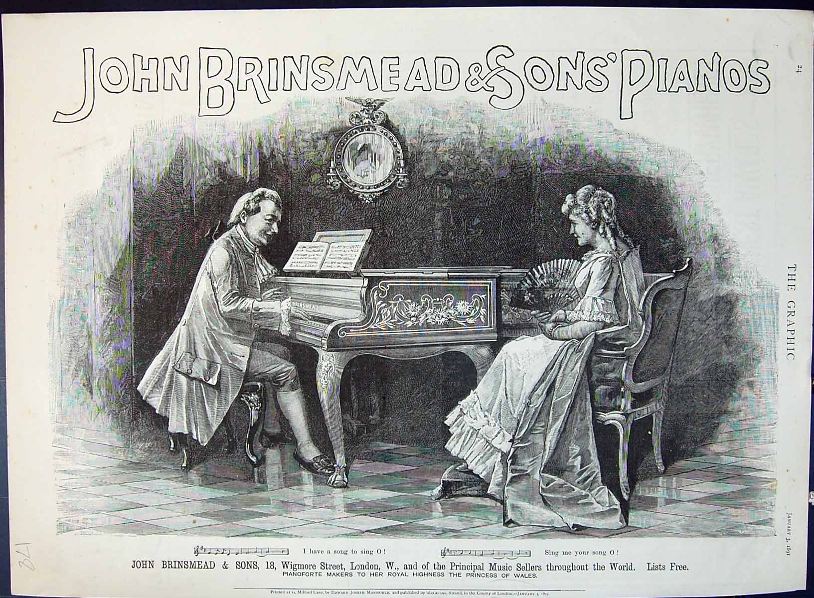 Old Print Advertisement 1891 John Brinsmead Pianos Wigmore Street London 19th
