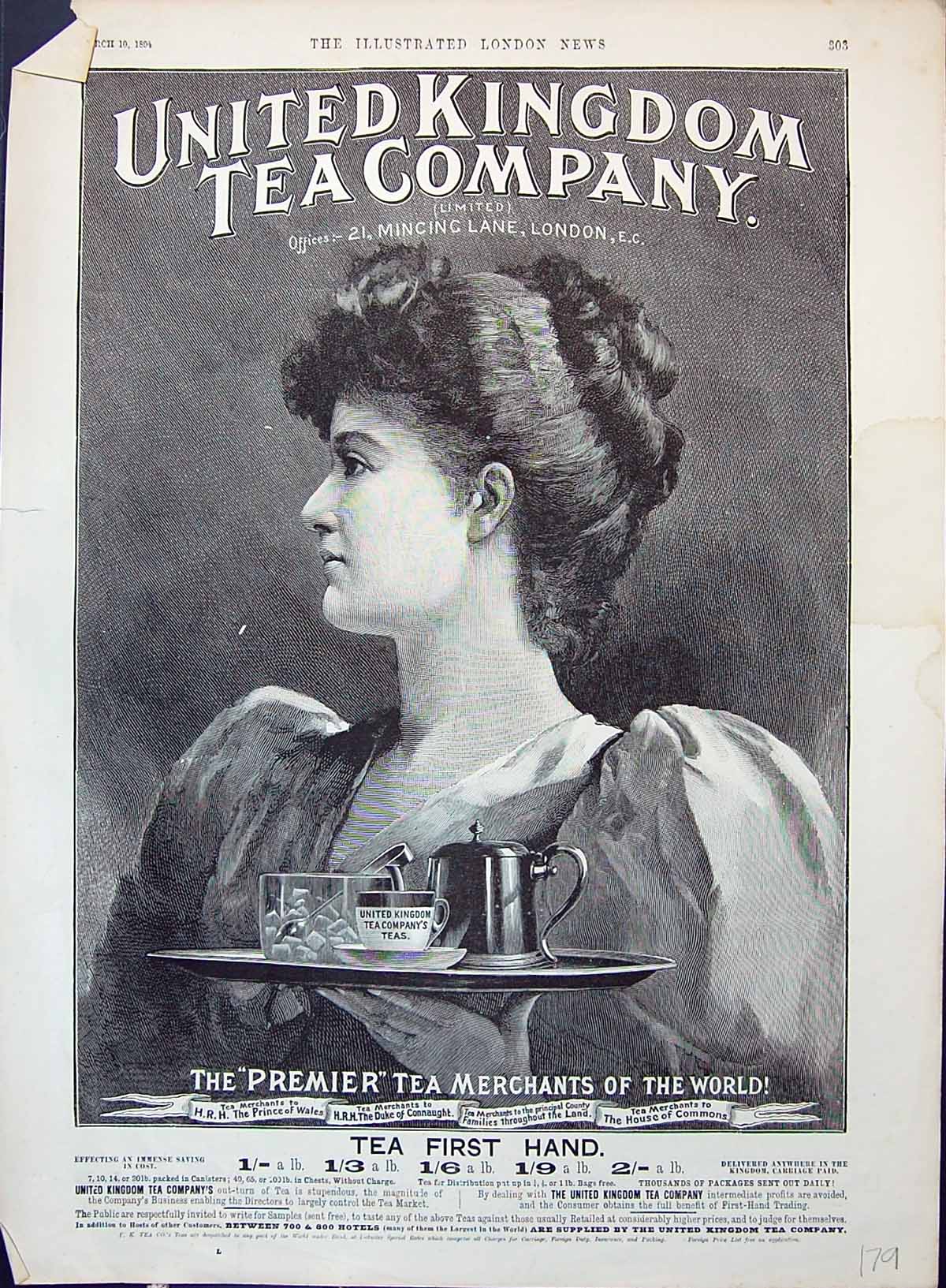 Old Print Advertisement 1894 United Kingdom Tea Company Lady Silver Tray 19th