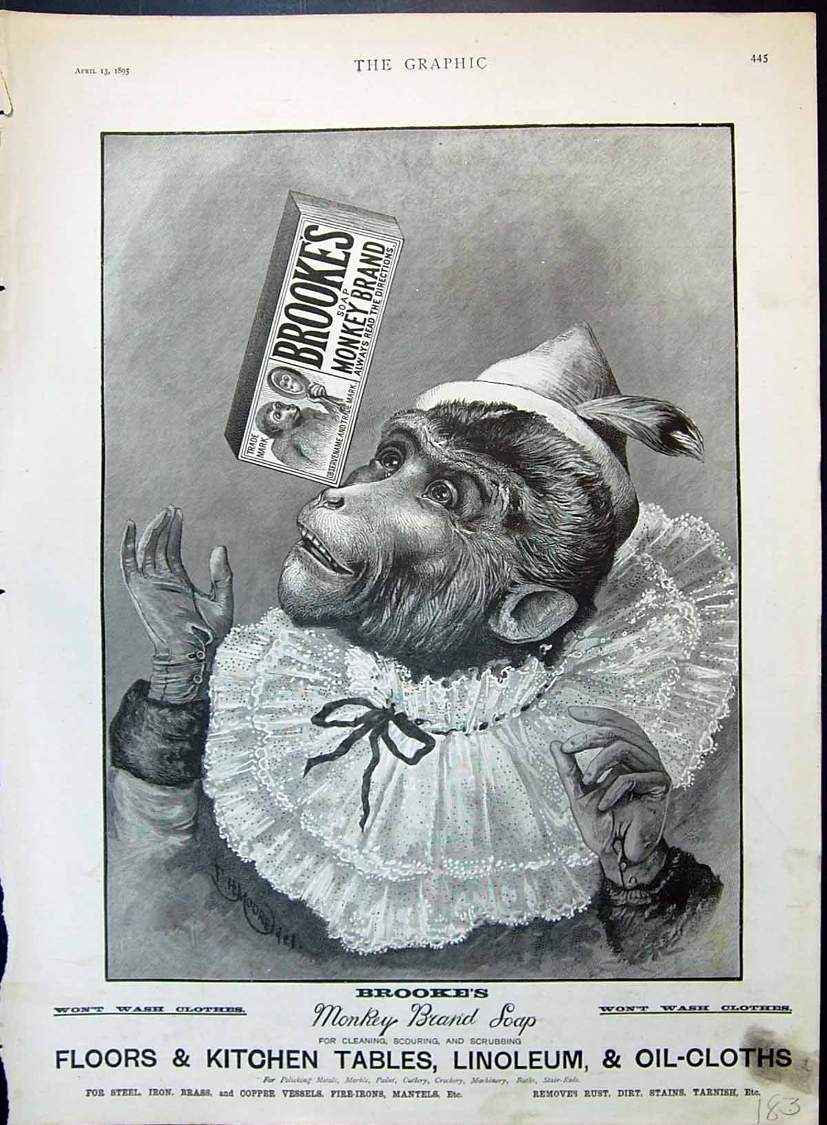 Old Print Advertisement 1895 Brooke'S Monkey Brand Soap Lace Collar Moore 19th