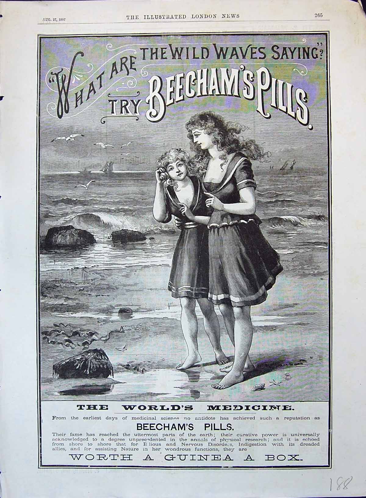 Old Advertisement 1887 Beecham'S Pills Young Girls Walking Beach Scen Victorian