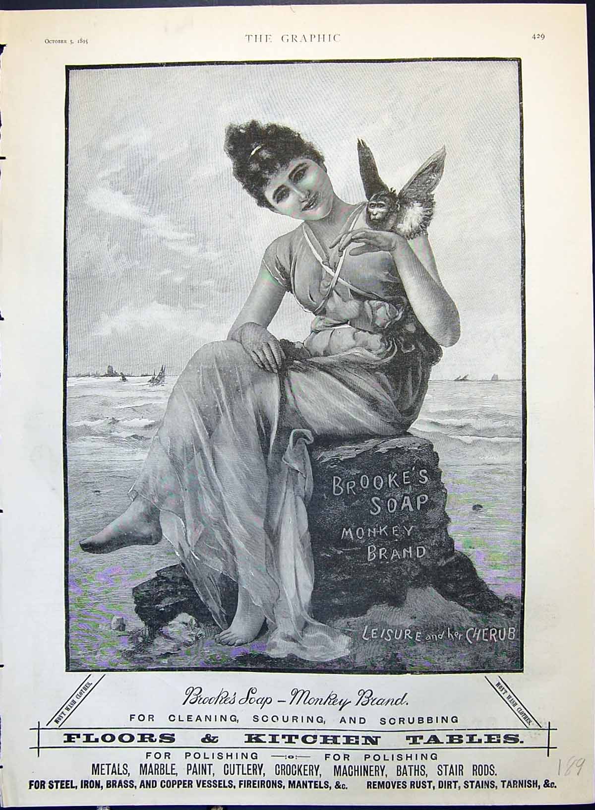 Antique Print Advertisement 1895 Brooke'S Monkey Brand Soap Leisure Cherub 19th