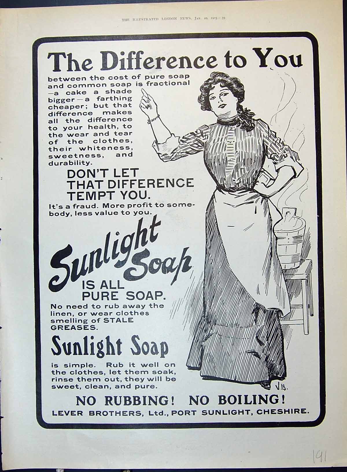 Antique Old Print 1903 Lever Brothers Sunlight Soap Cheshire Advertisement 20th