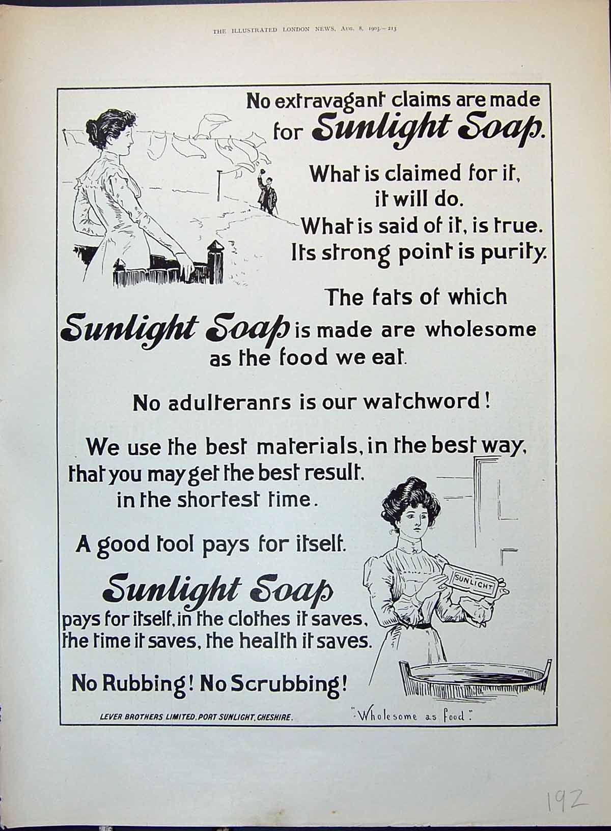Old Advertisement 1903 Lever Brothers Sunlight Soap Cheshire Washing 20th