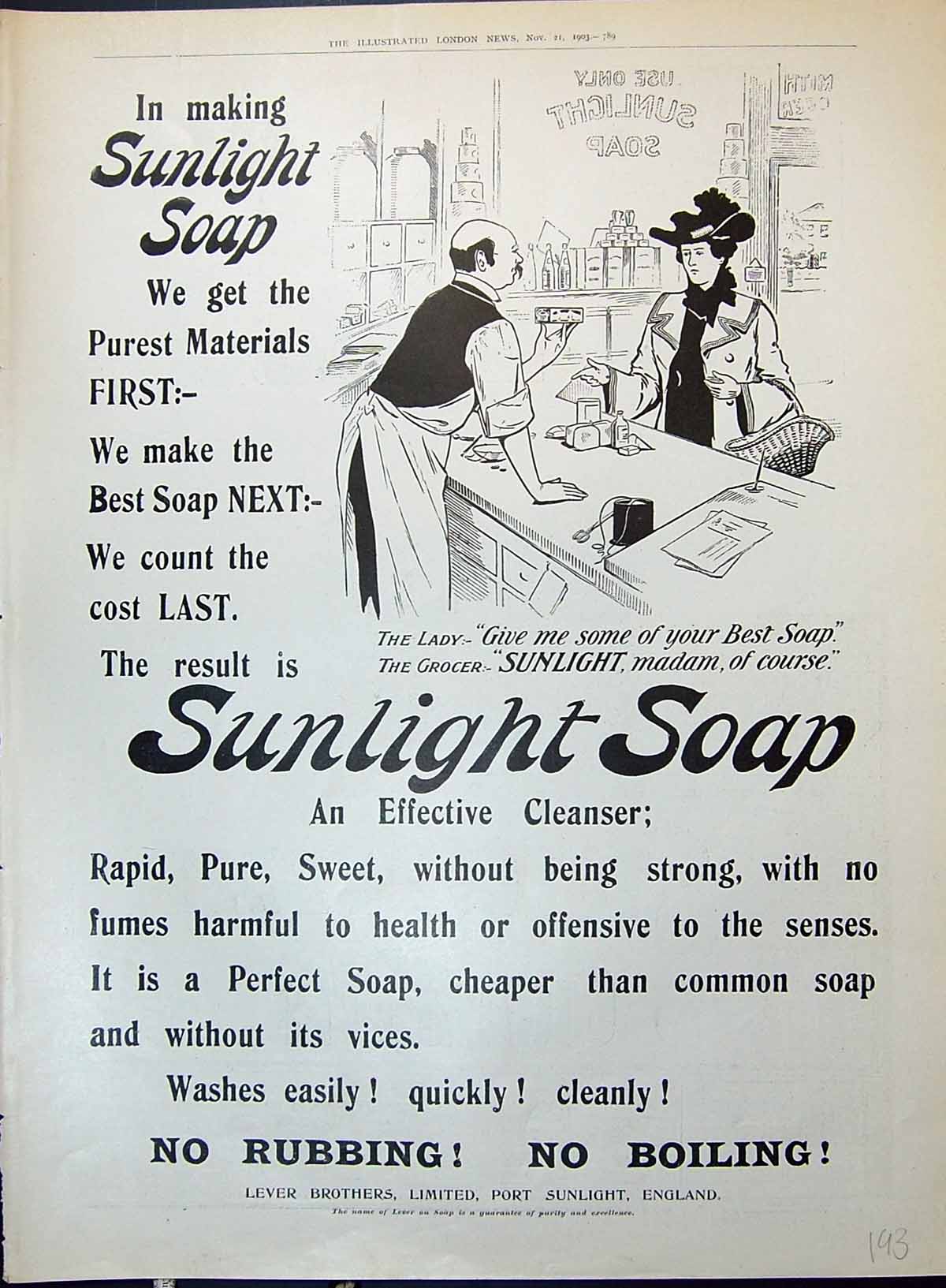 Old Lever Brothers Port Sunlight England Grocer Shop Advertisement 19 20th