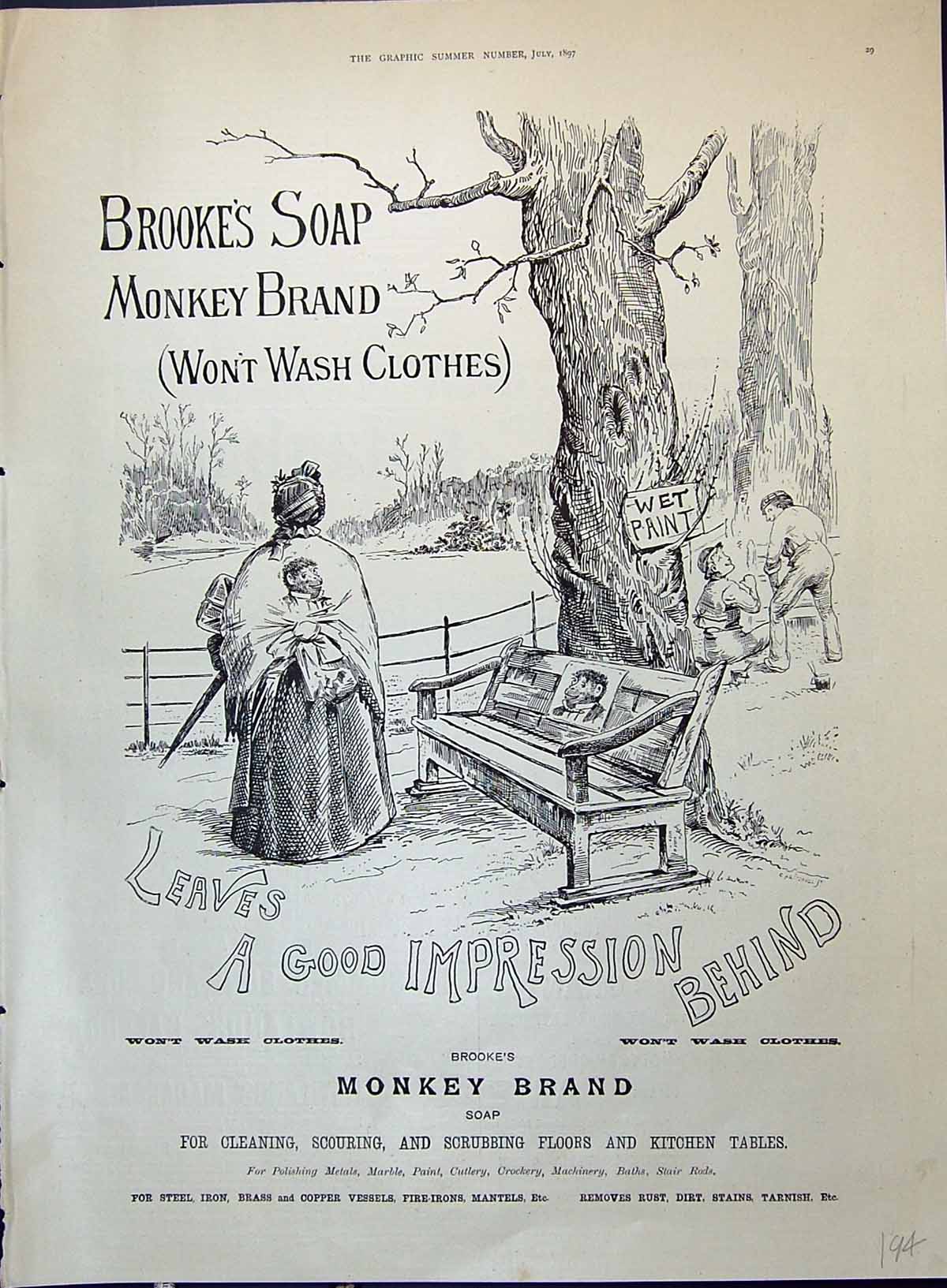 Old Print 1897 Brooke'S Monkey Brand Soap Men Painting Benches Wet Paint 19th