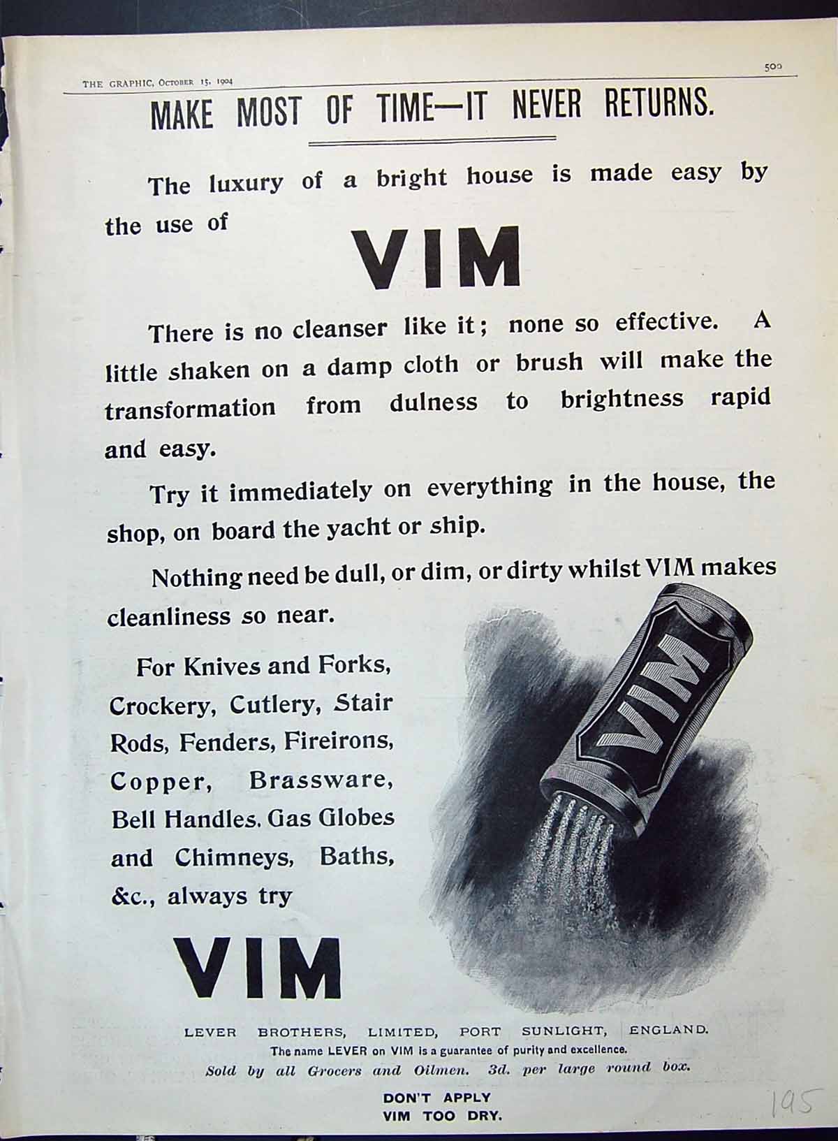 Old 1904 Vim Cleaning Powder Lever Brothers Grocers Oilmen Advertisem 20th