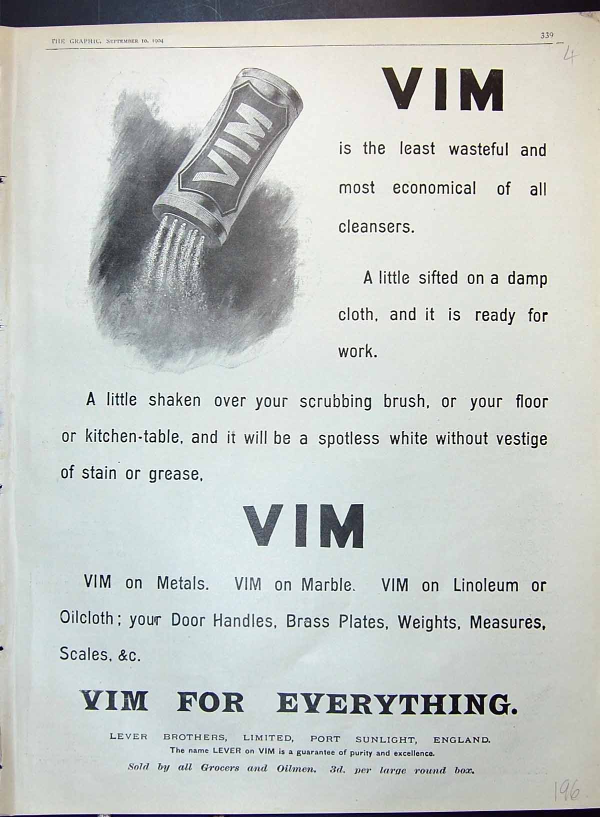 Antique Print 1904 Vim Cleaning Powder Grocers Lever Brothers Port Sunlight