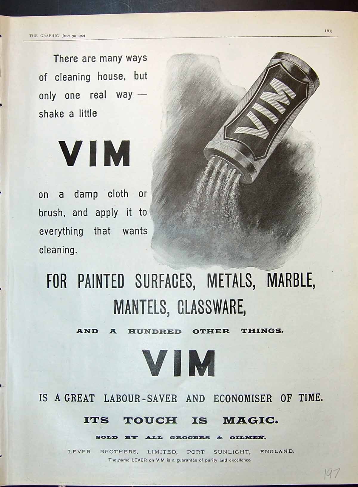 Old Print 1904 Vim Cleaning Powder Lever Brothers Port Sunlight Cheshire 20th