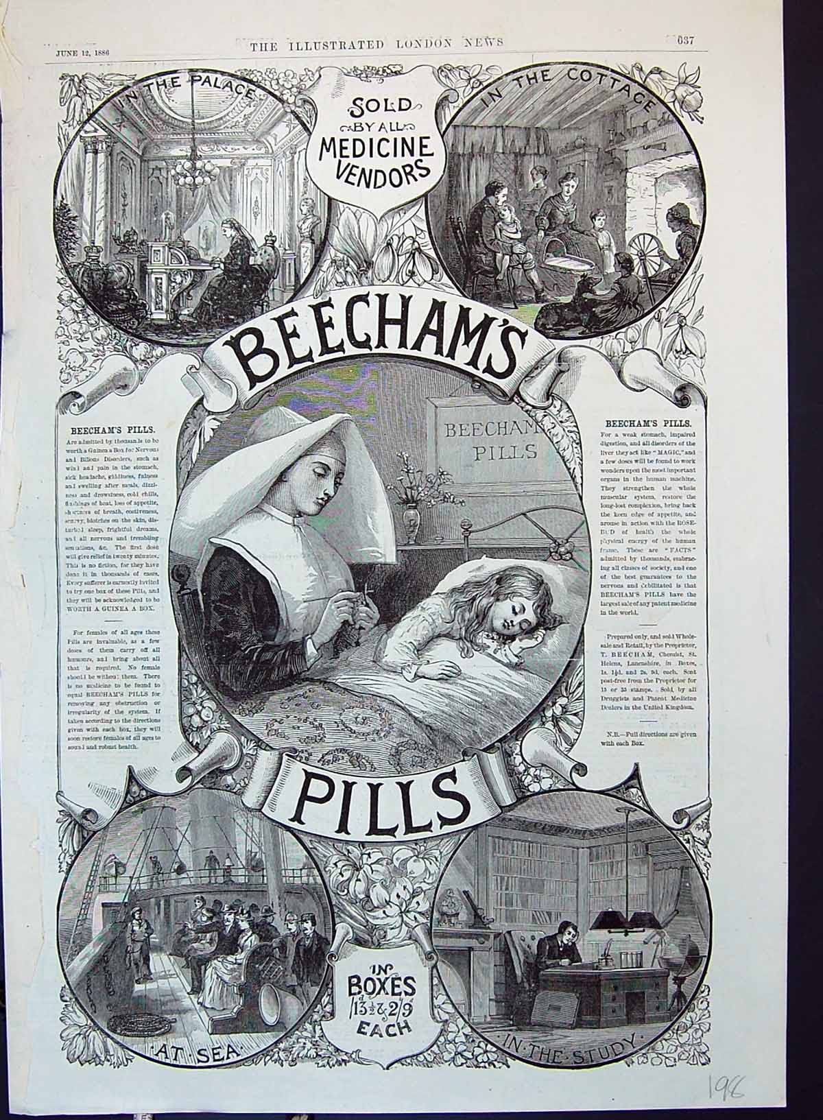 Old Advertisement 1887 Beechams Pills Medicine Nurse Sea Ship Man Stu Victorian