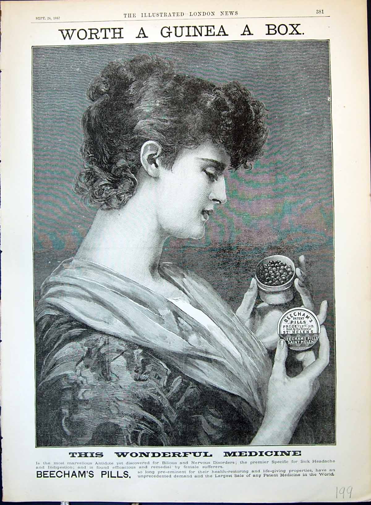 Old Advertisement 1887 Beechams Pills Medicine Box St. Helens Lancash Victorian