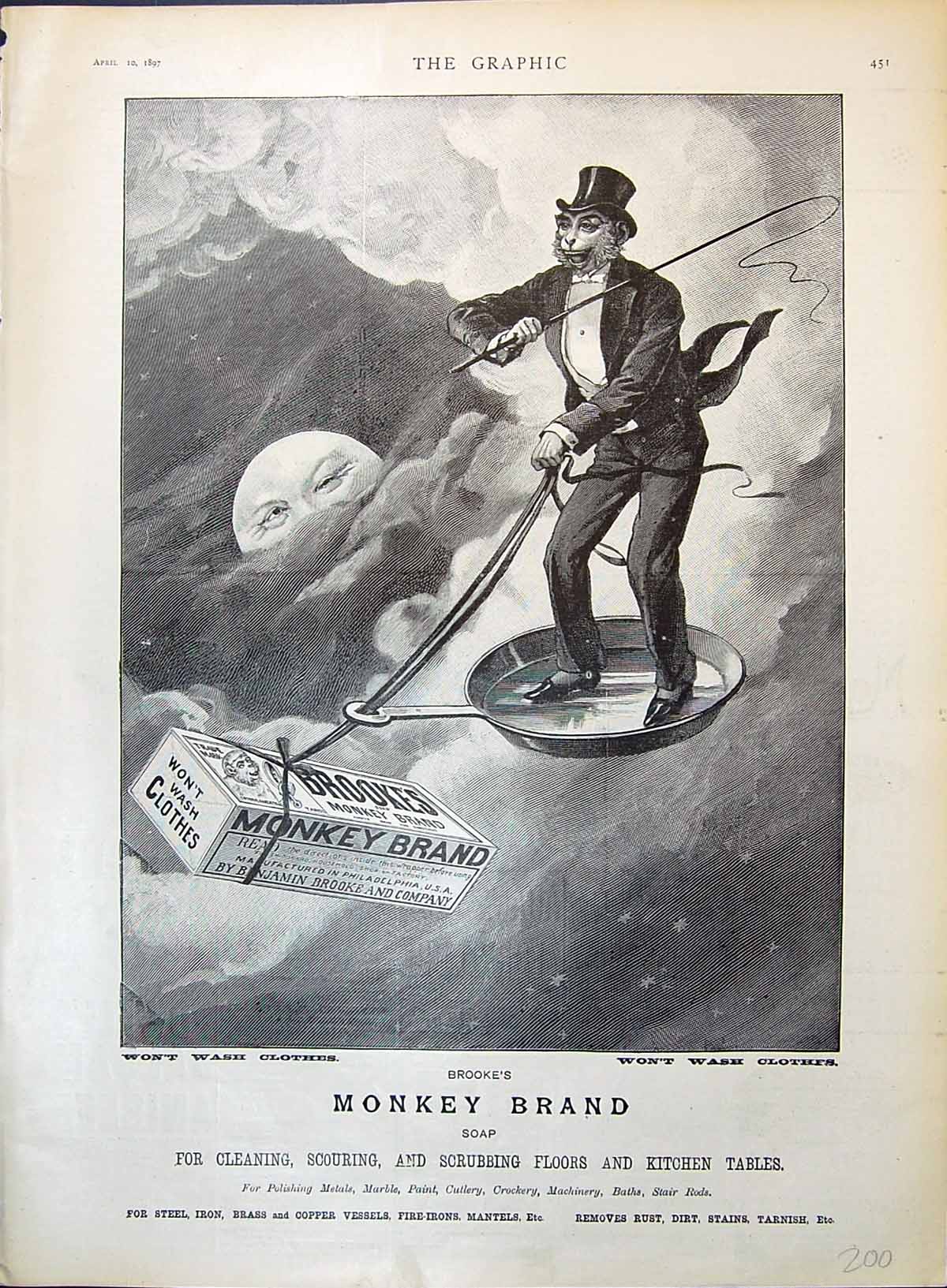 Old 1897 Brooke'S Monkye Brand Soap Lever Brothers Flying Frying Pan Victorian