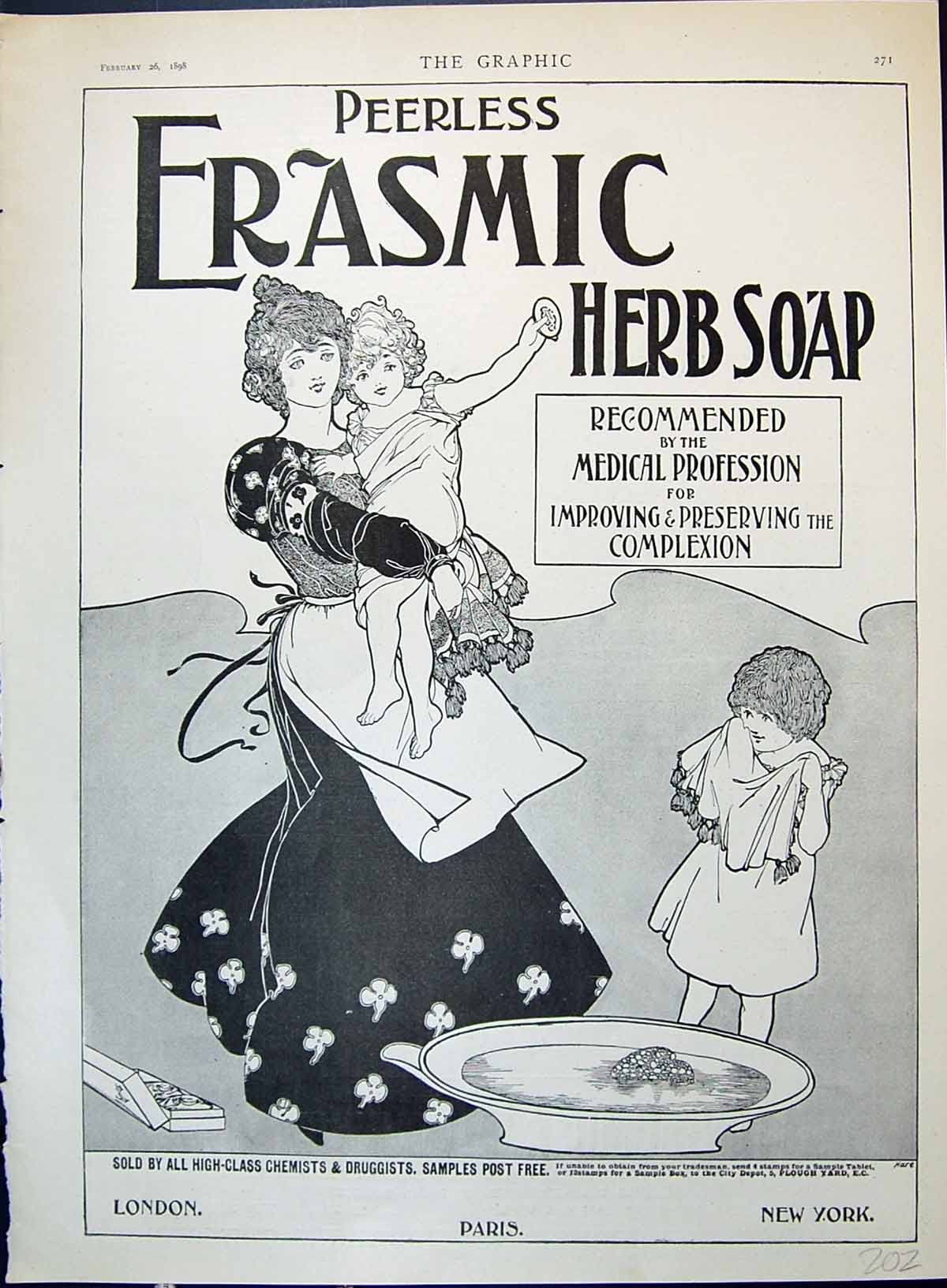 Old 1898 Peerless Erasmic Herb Soap Mother Children Washing Advertise Victorian