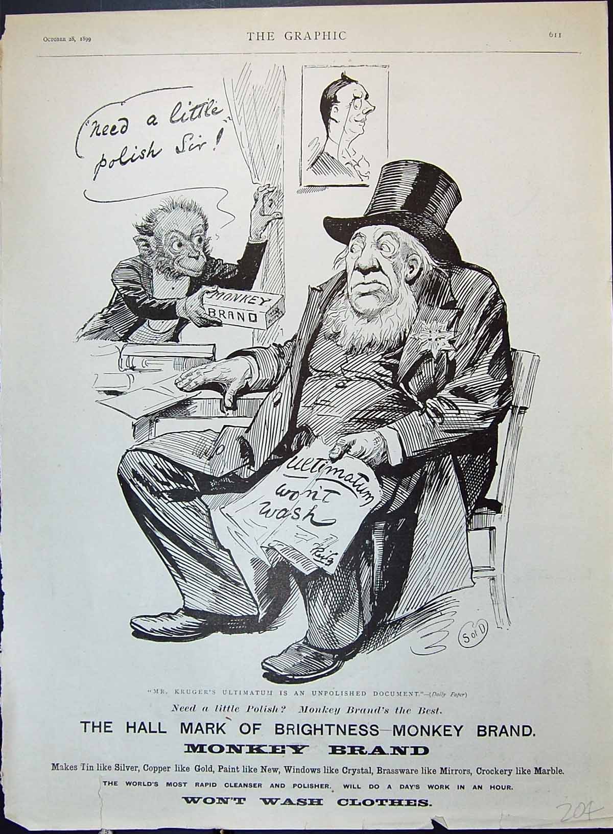 Old Print Advertisement 1899 Brooke'S Monkey Brand Soap Man Sitting Chair 19th