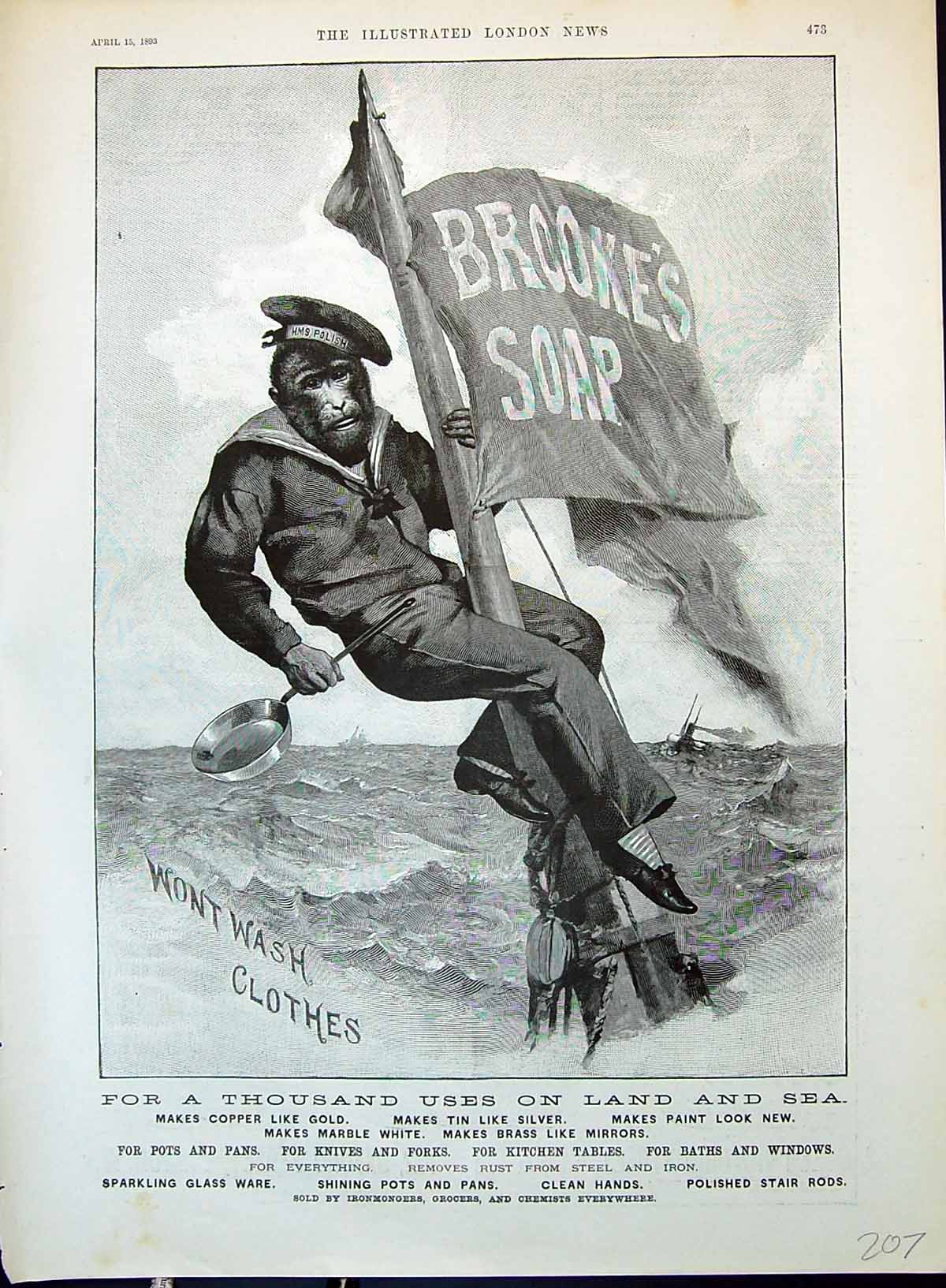 Old Advertisement 1893 Brooke'S Monkey Brand Soap Sailor Ship Frying Victorian