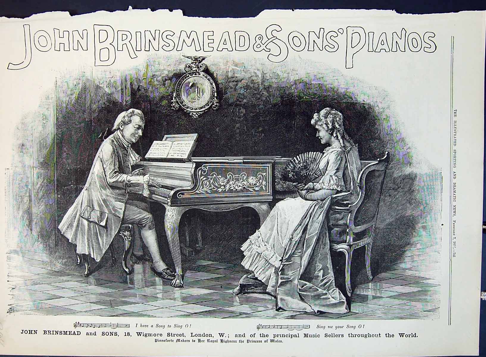 Antique Old Print Advertisement 1891 John Brinsmead Sons Pianos Music Romance