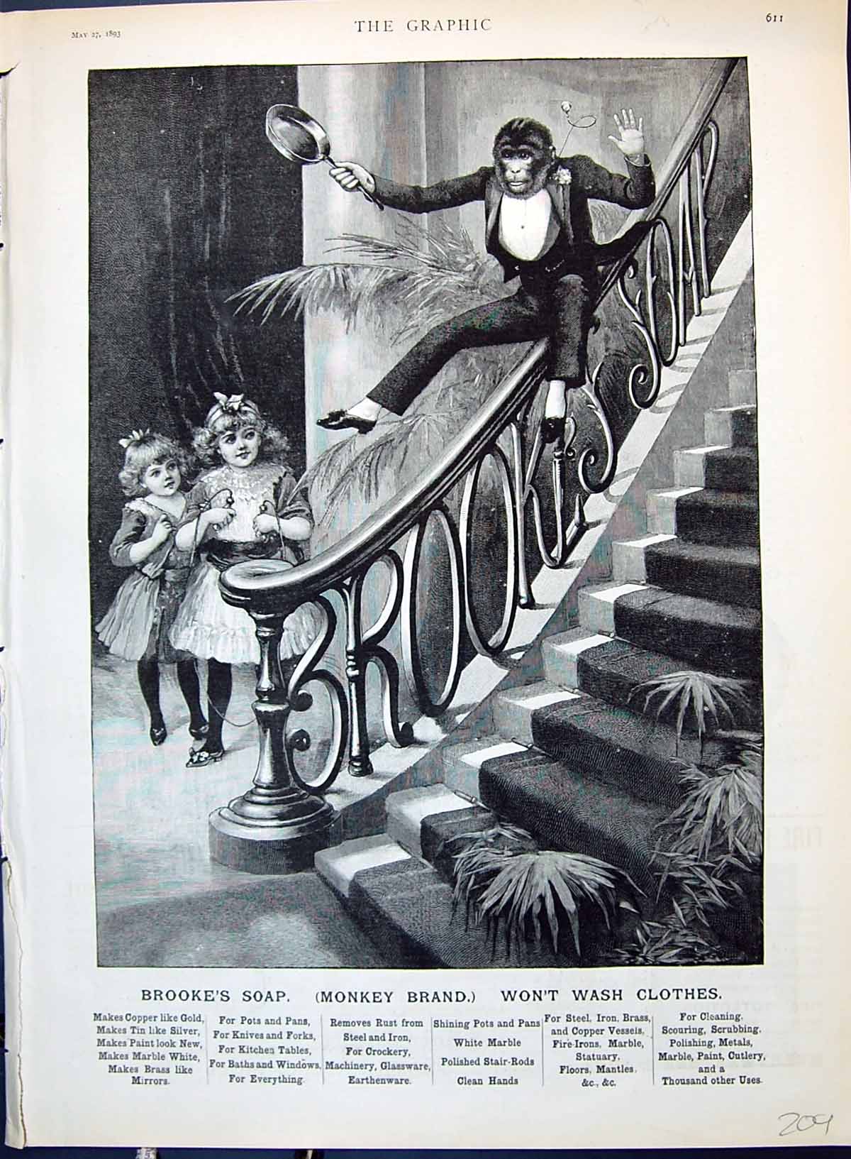 Old Advertisement 1893 Brooke'S Monkey Brand Soap Children Sliding St Victorian