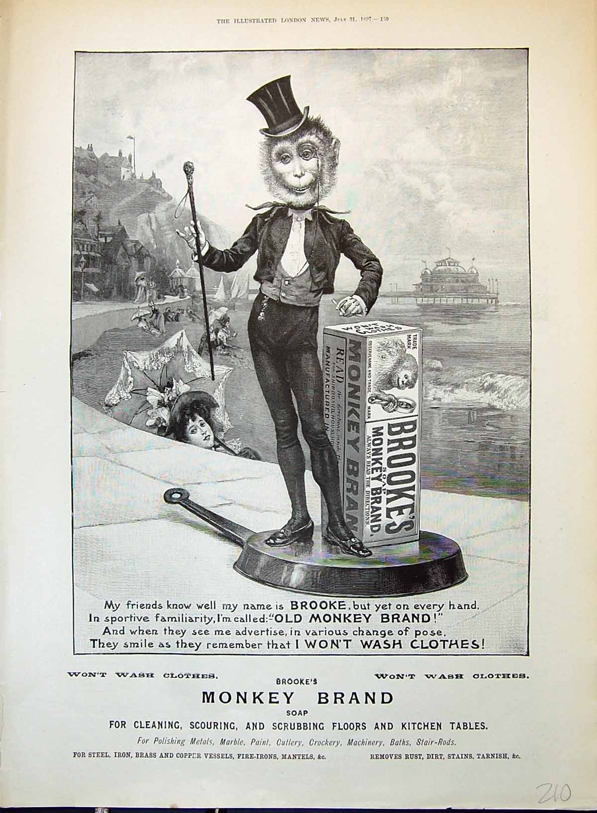 Antique Print 1897 Brooke'S Monkey Brand Soap Lever Brothers Seaside Scene 19th