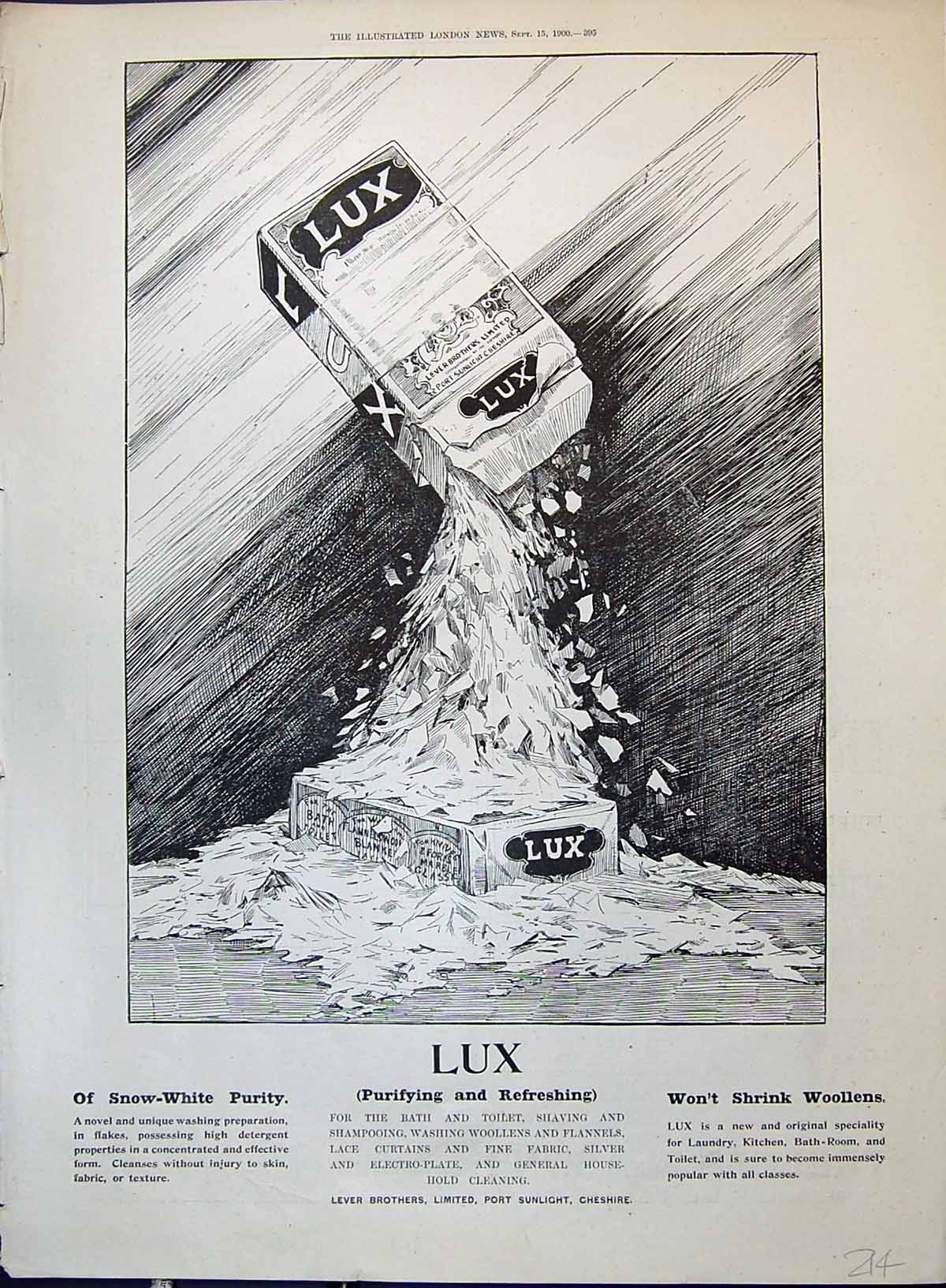Antique Print Lux Washing Powder Lever Brothers Port Sunlight Cheshire 1900