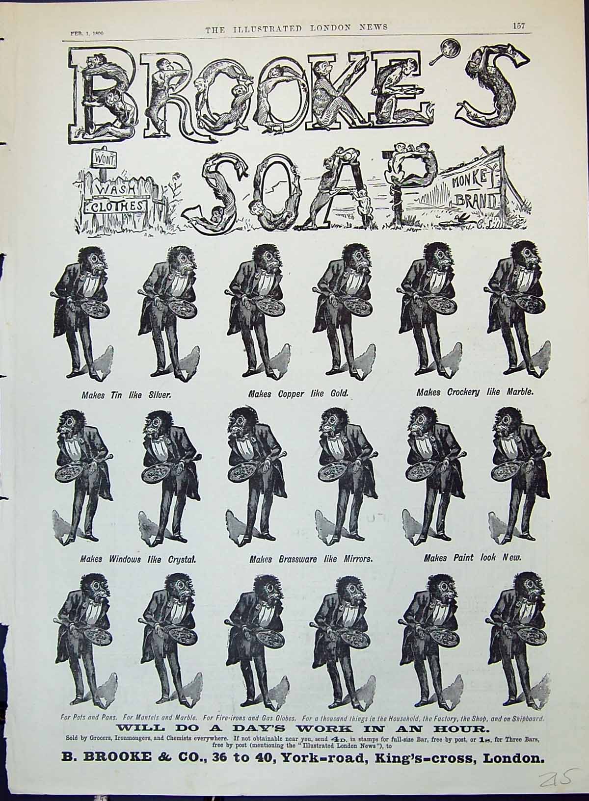 Old Print Advertisement 1890 Brooke'S Monkey Brand Soap Washing Pots Pans 19th