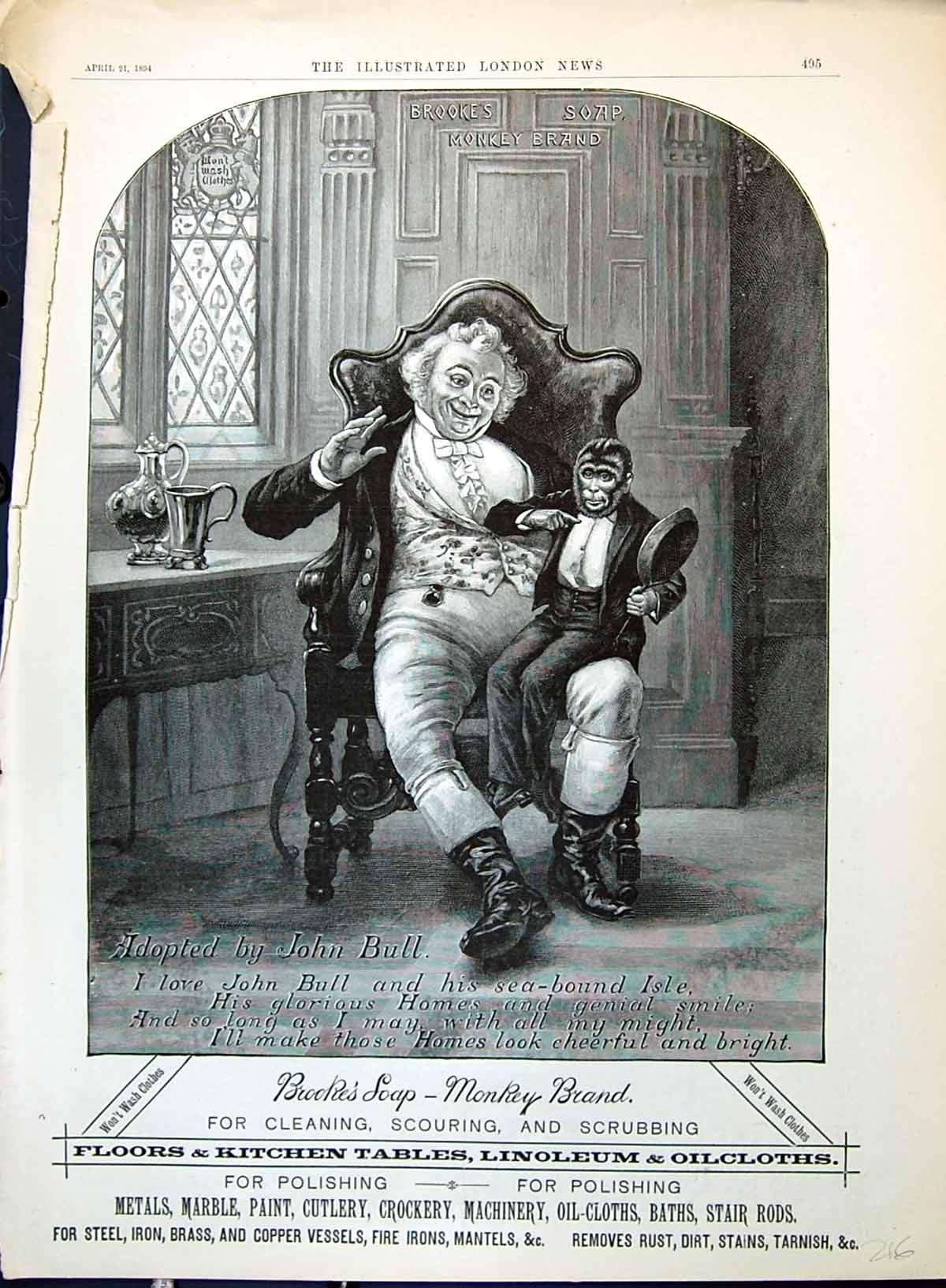 Antique Print Advertisement 1894 Brooke'S Monkey Brand Soap John Bull Chair