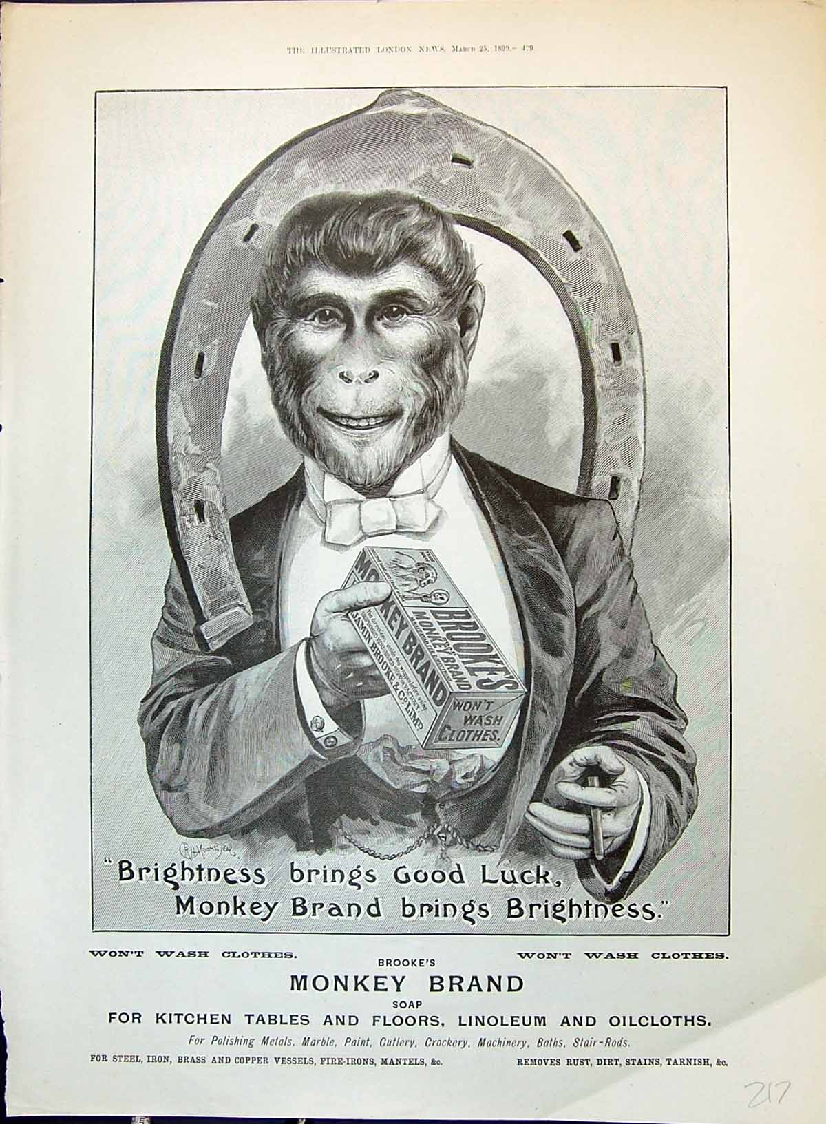 Antique Old Print 1899 Brooke'S Monkey Brand Soap Horse-Shoe Advertisement 19th